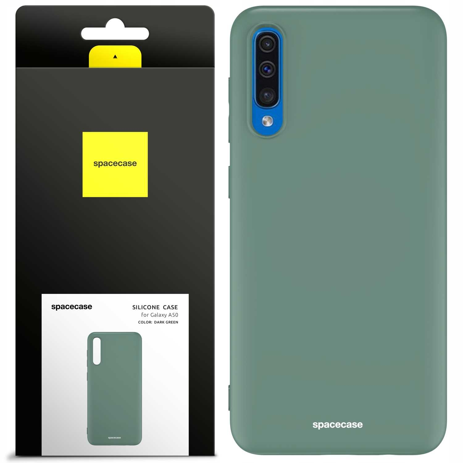Zielone etui na telefon z wycięciem na aparat i opakowanie z marką 'spacecase'.