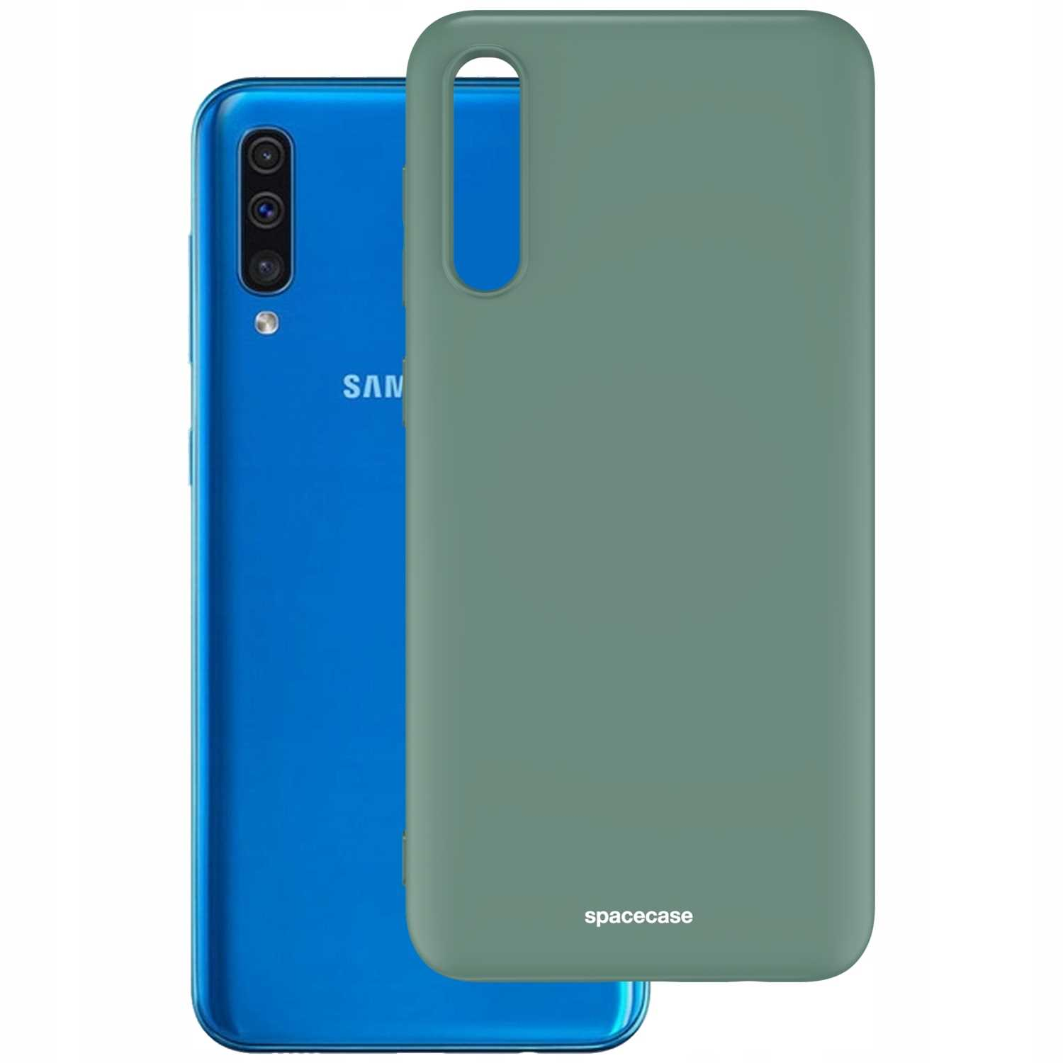 Zielone etui na telefon obok niebieskiego telefonu. 'spacecase' jest nadrukowane na etui.