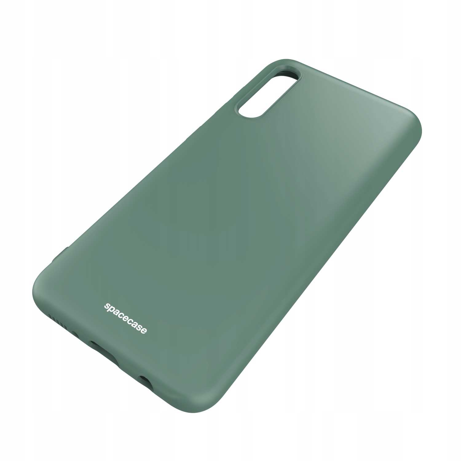 Zielone etui na telefon z nazwą marki na białej powierzchni. Etui jest ustawione pod kątem.