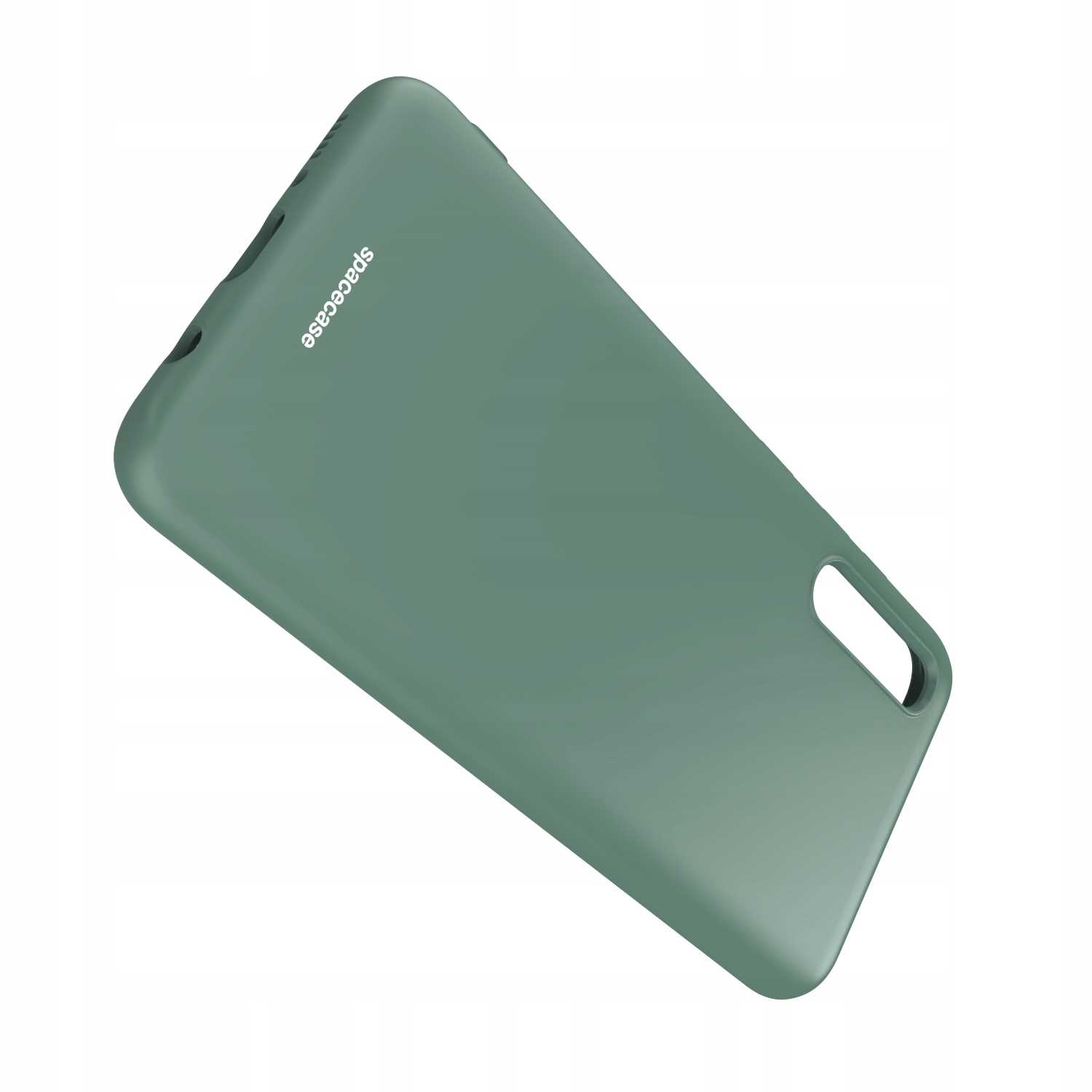 Zielone etui z napisem 'spacecase', leżące na białej powierzchni, z góry pod kątem.