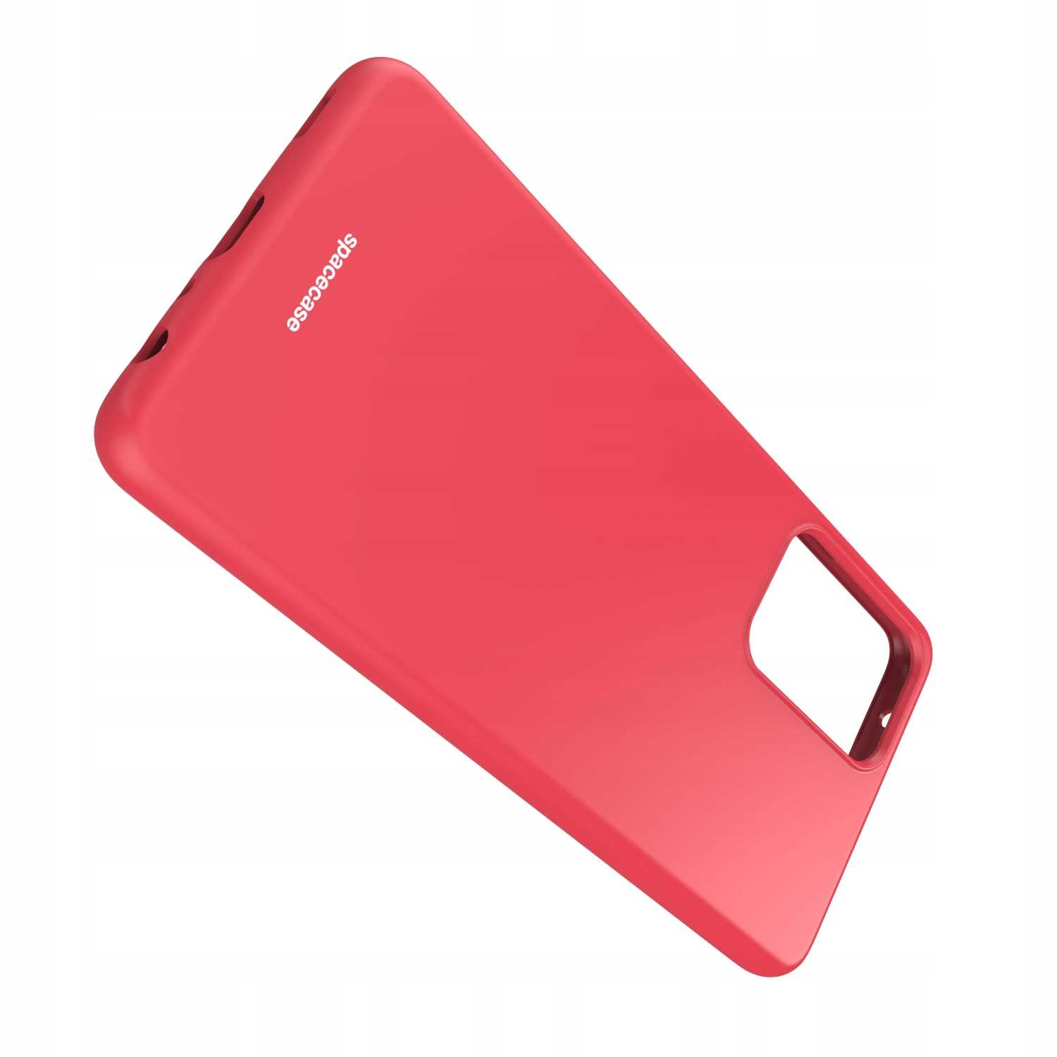 Czerwone etui Spacecase pod kątem, z wycięciem na aparat i nadrukiem marki.