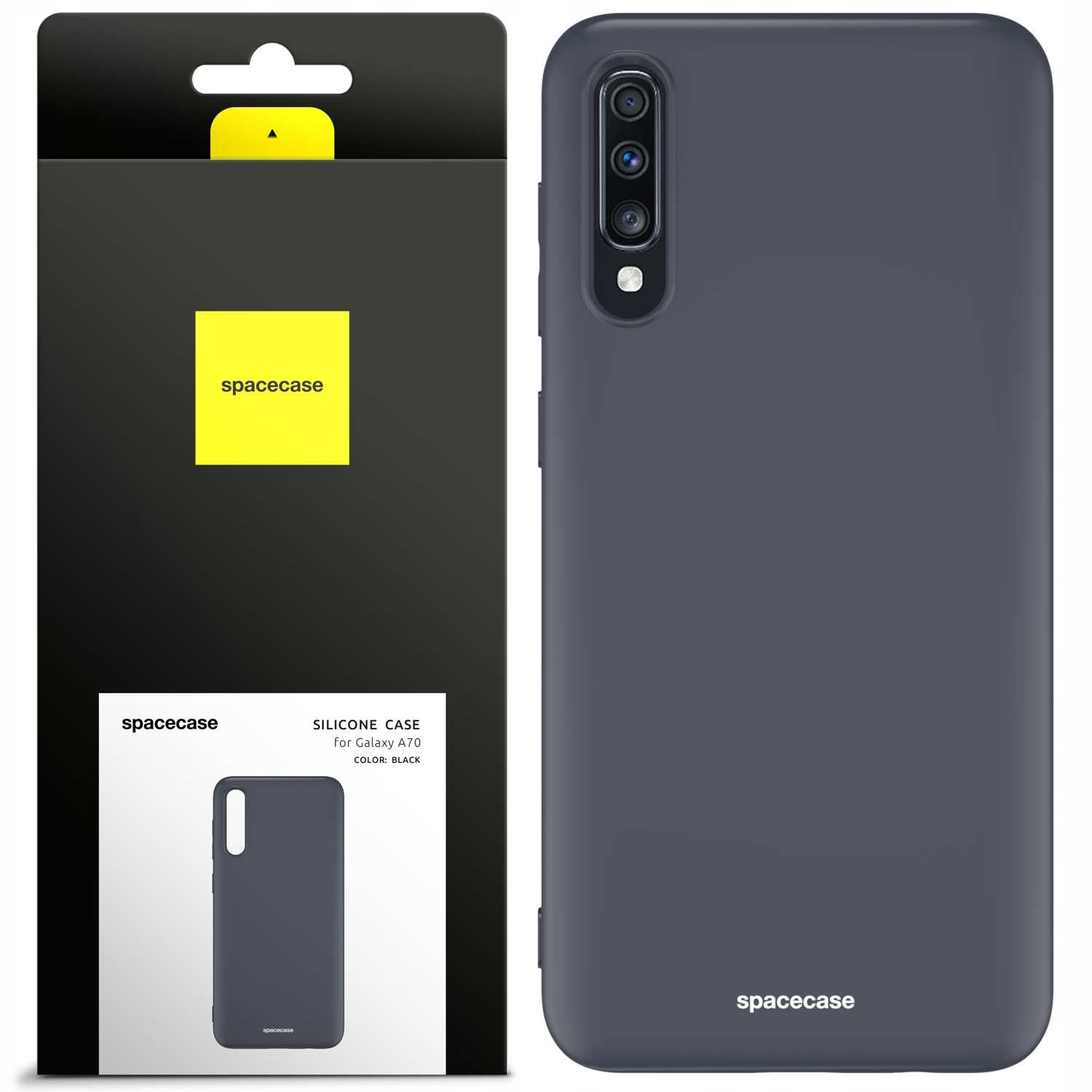 Czarne etui na Galaxy A70 w czarnym pudełku z logo spacercase.
