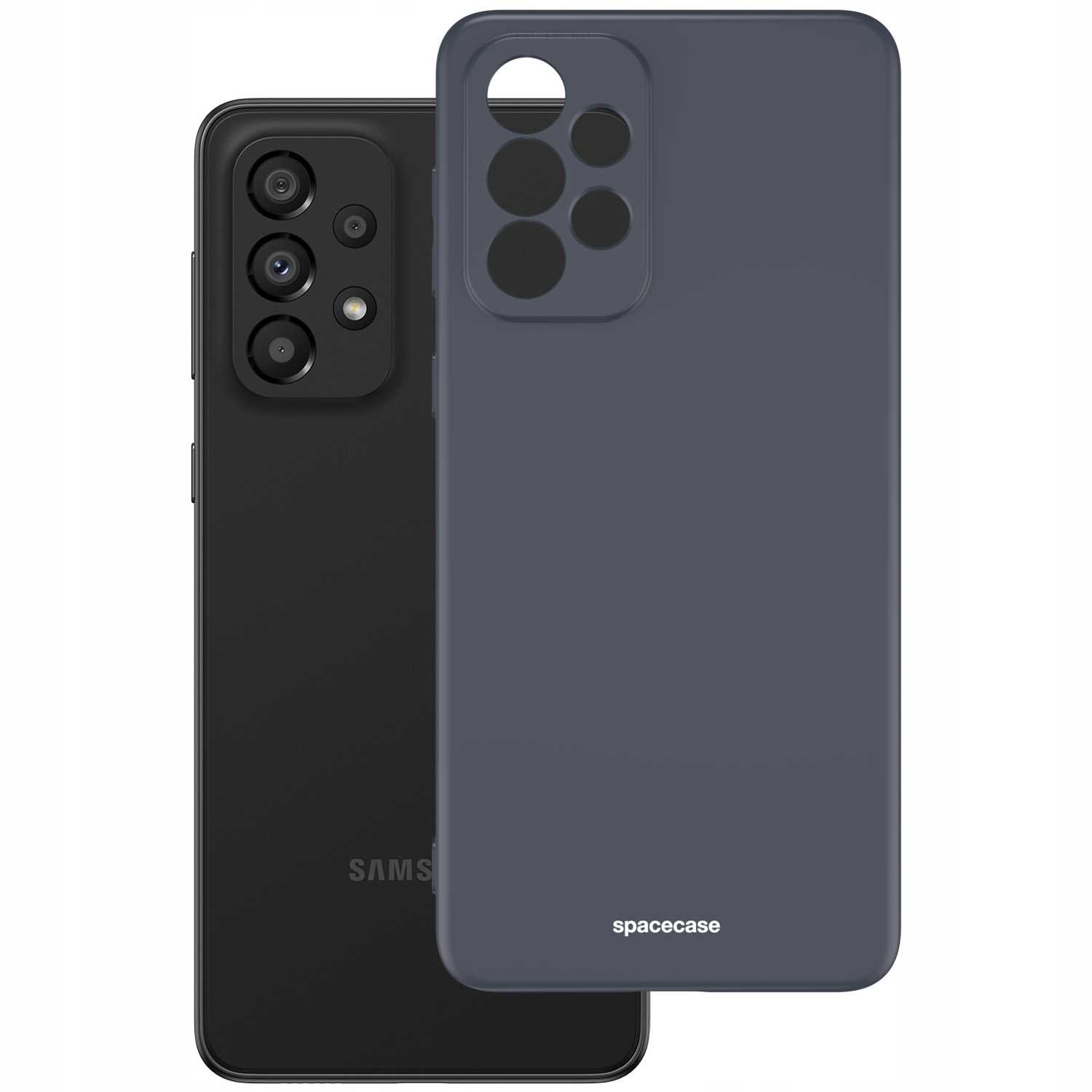Dwa etui na telefon, czarne z telefonem i ciemnoszare z 'spacecase'.