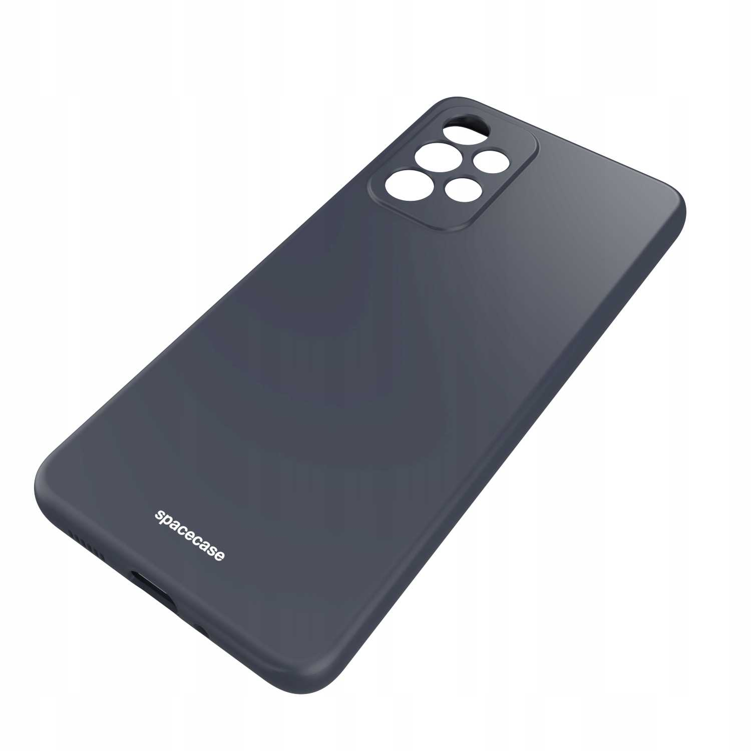 Ciemnoszary futerał na telefon z logo Spacecase i wycięciami na aparat.