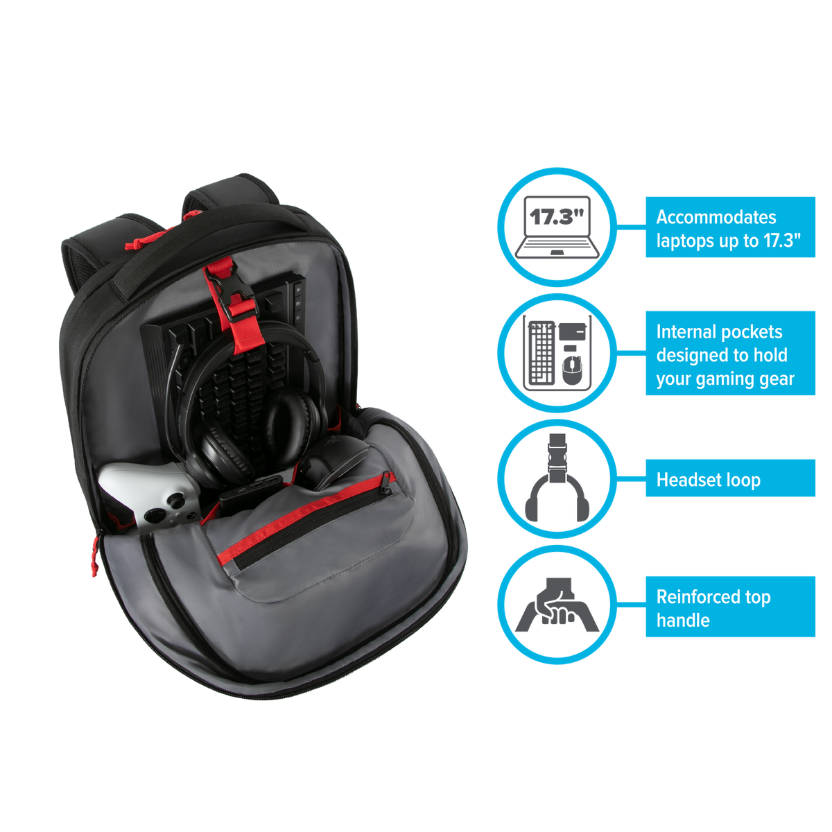 Schwarzer Gaming-Rucksack mit roten Akzenten, offen, mit Kopfhörern, Controller und Ausrüstung. Info-Symbole vorhanden.