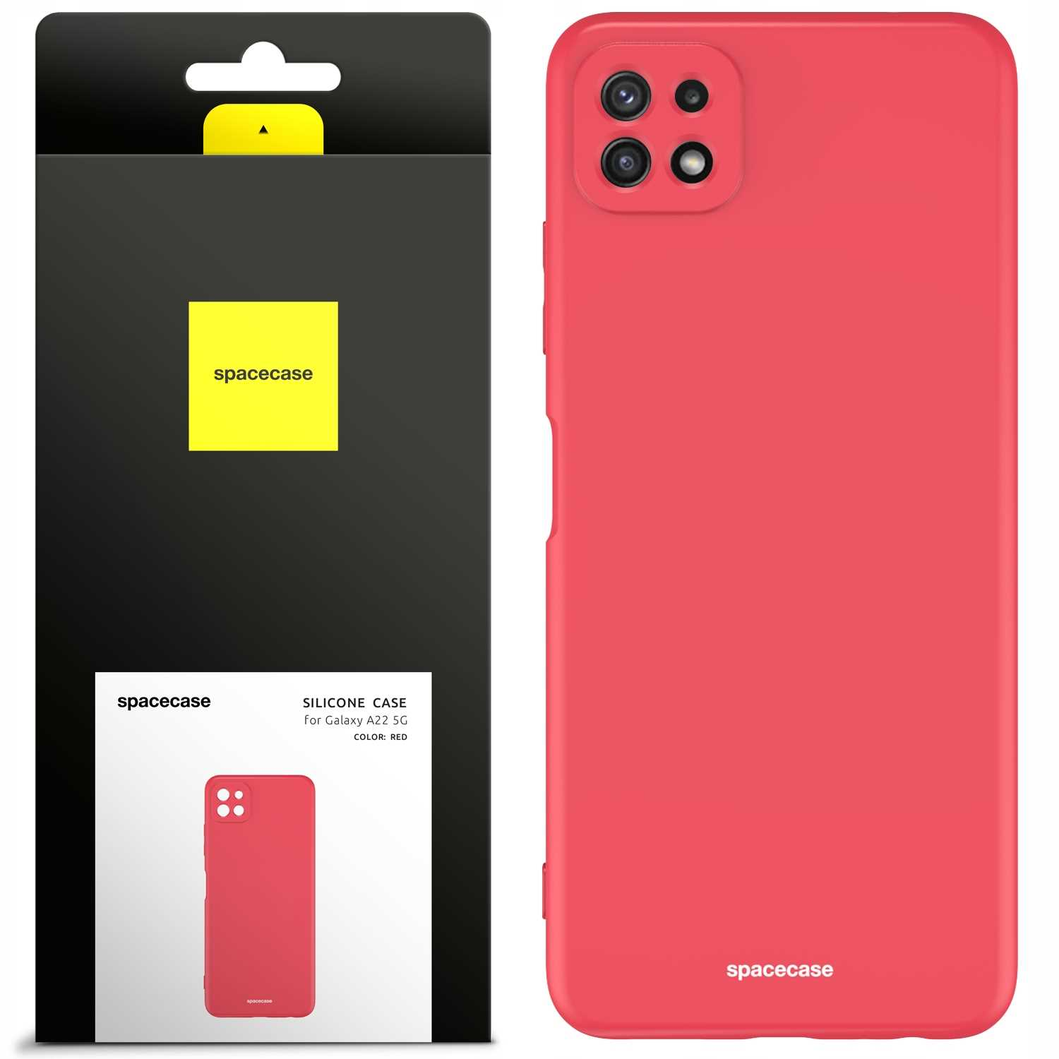 Czerwone etui na telefon z opakowaniem po lewej. Opakowanie wyświetla markę i szczegóły.