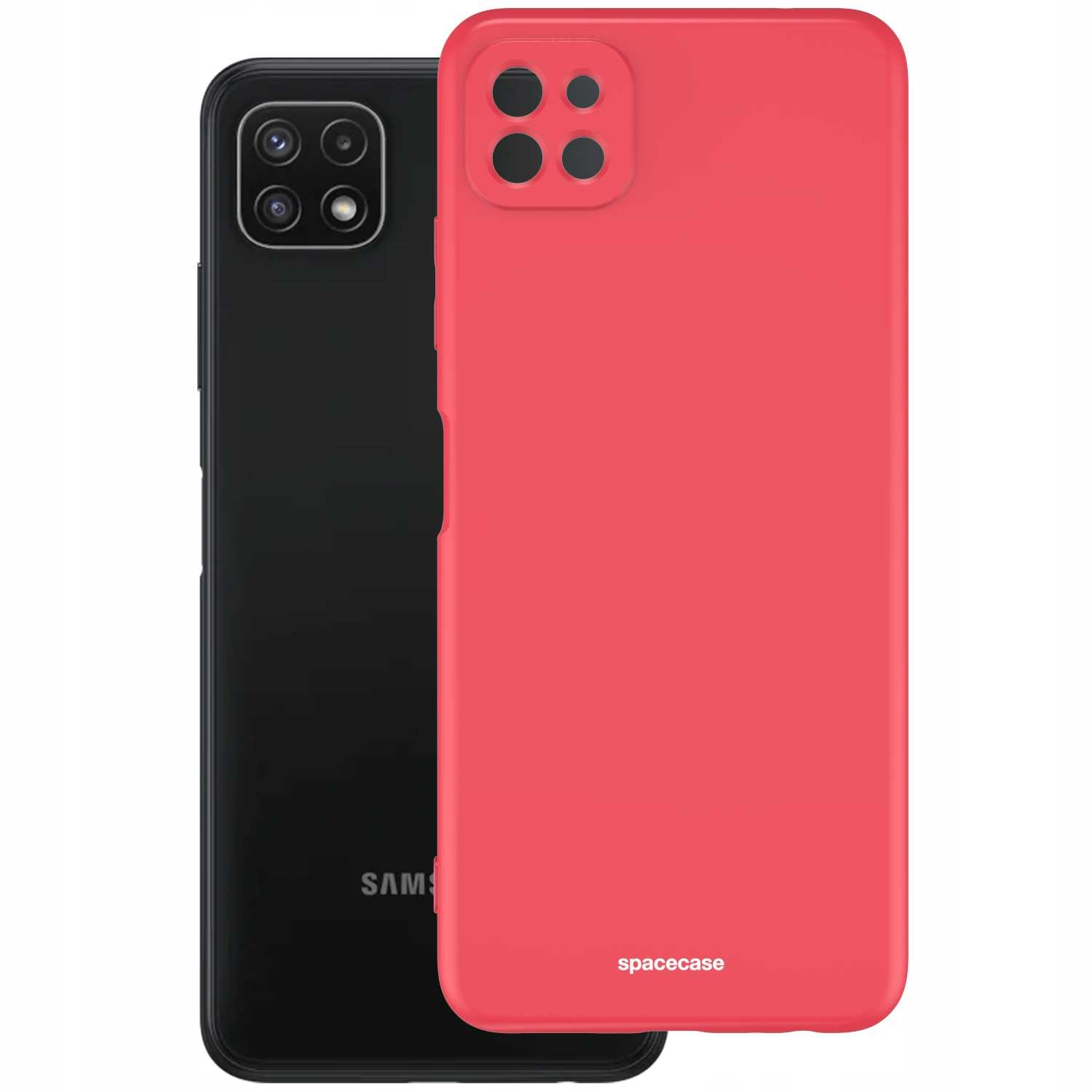 Czerwone etui obok czarnego telefonu. Marka 'spacecase' na dole.