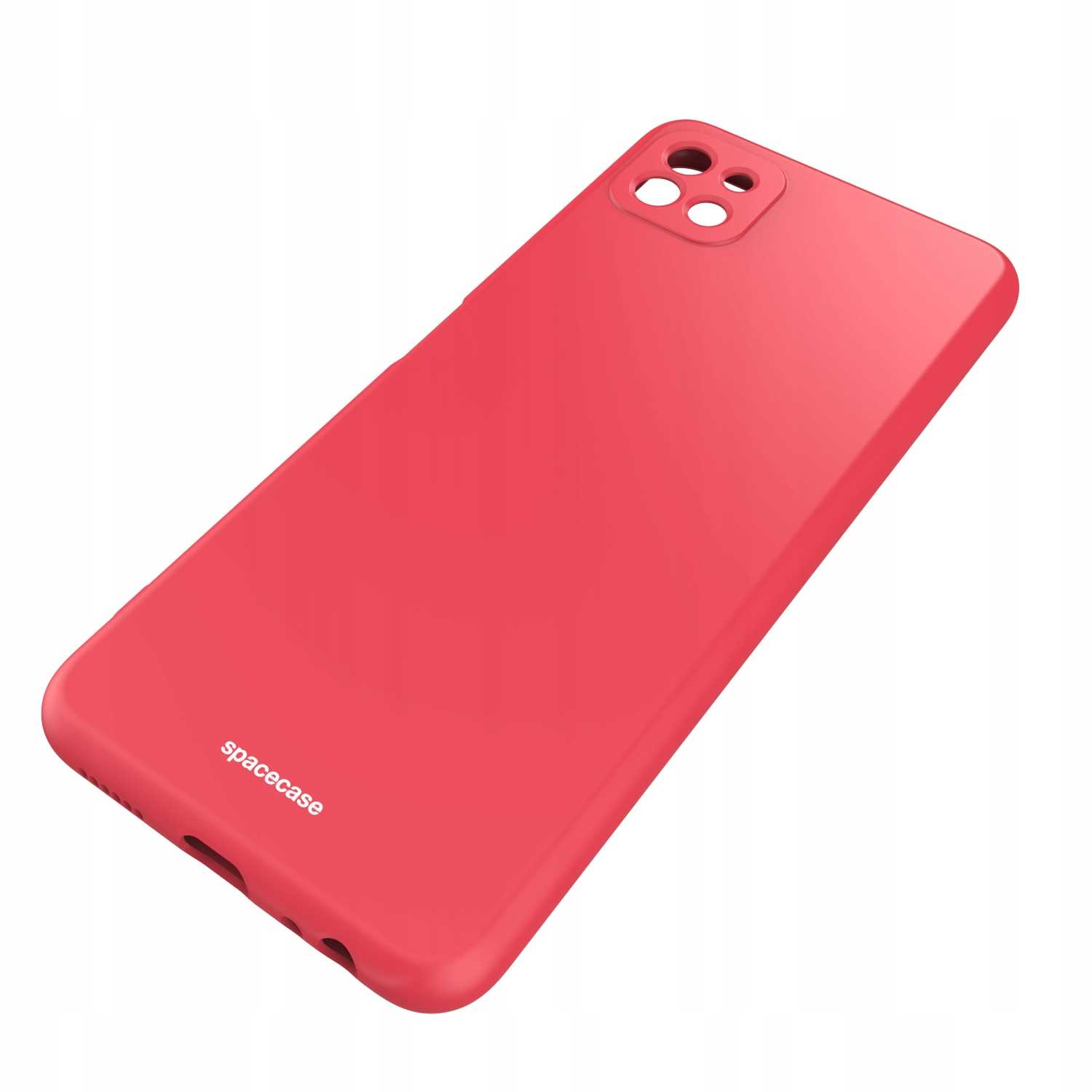 Czerwone etui na telefon z trzema otworami na aparat. Etui jest gładkie i ma nazwę marki.