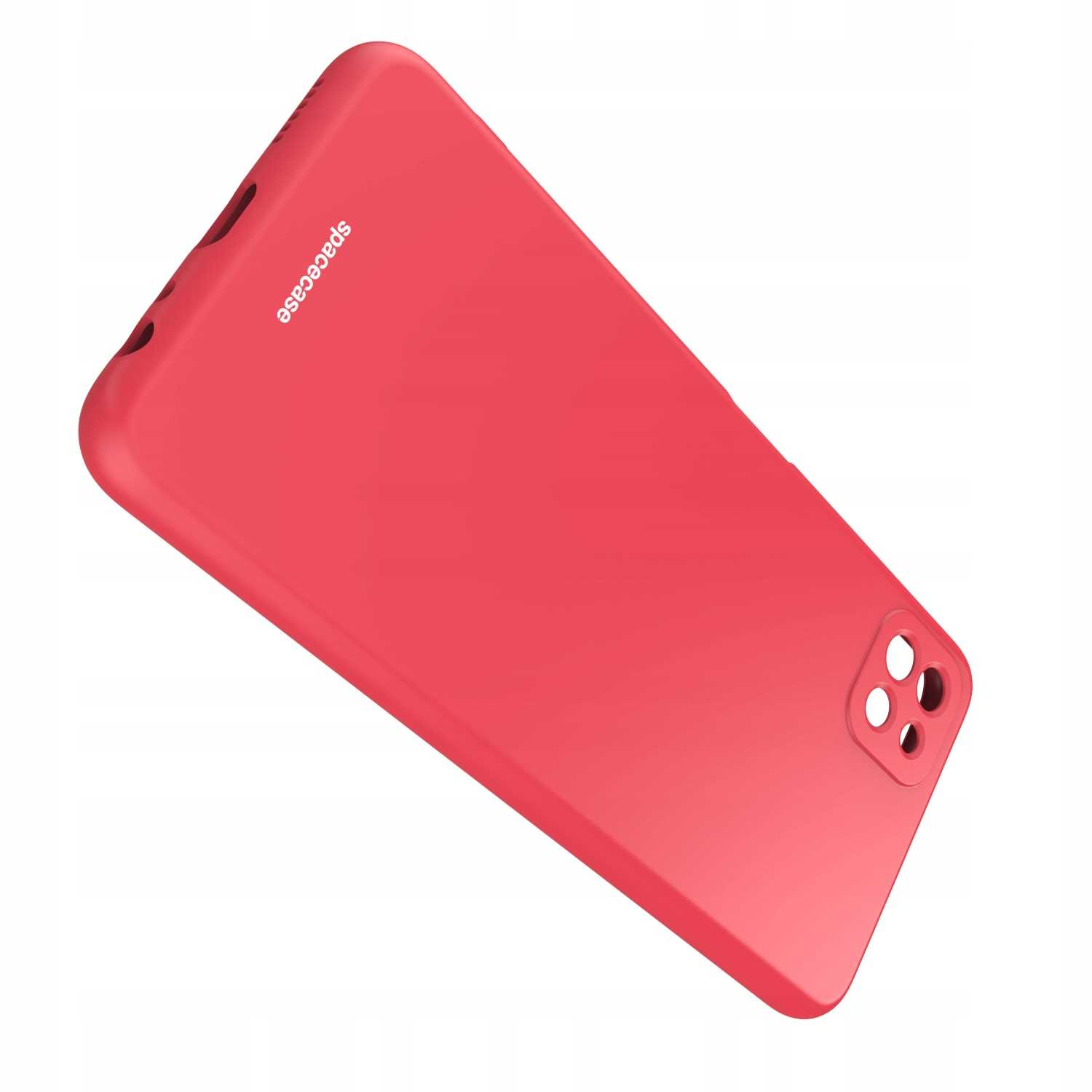 Czerwone etui na telefon z nazwą marki. Etui ma wybrzuszenie na aparat.