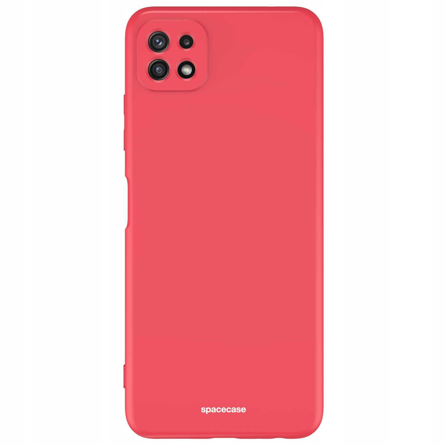 Czerwone etui na telefon z wycięciami na aparat. Marka 'spacecase' jest wydrukowana na dole.