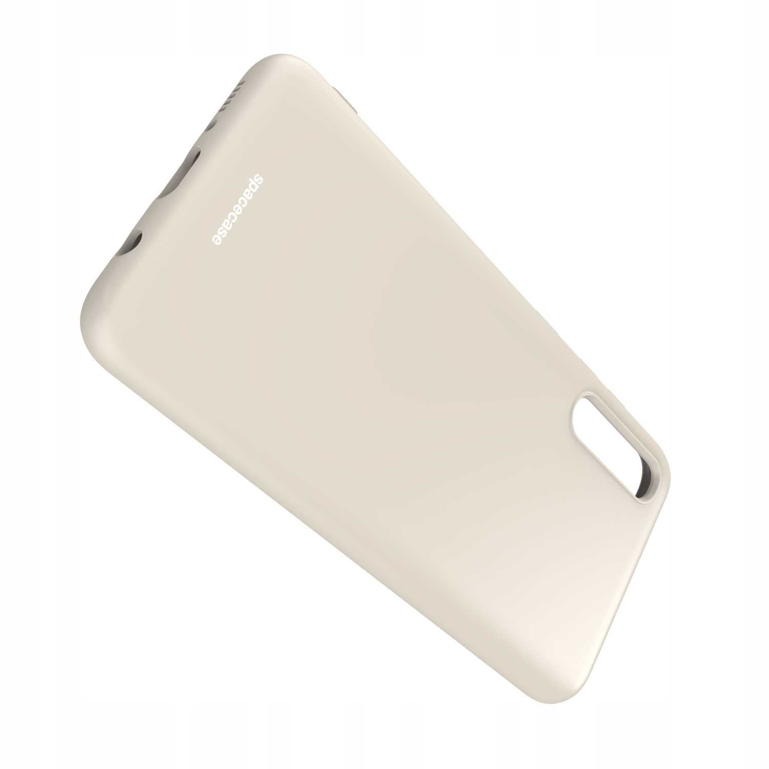 Beżowe etui z logo 'spacecase', pod kątem, na białym tle.