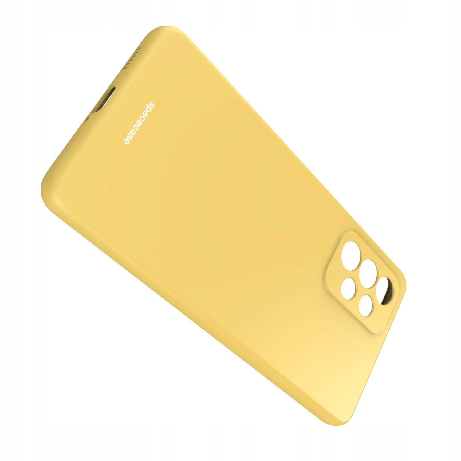 Żółte etui z wycięciem na aparat, widoczne logo spacecase. Białe tło.