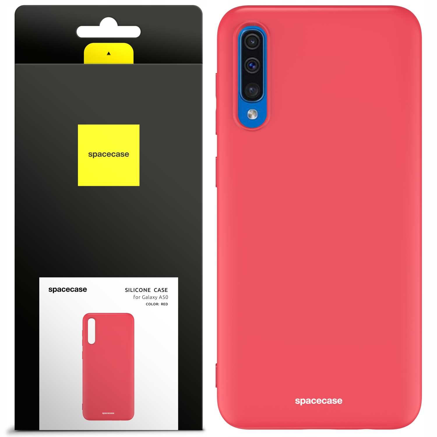 Czerwone etui i pudełko na telefon. Pudełko ma żółtą etykietę, a etui napis spacecase.
