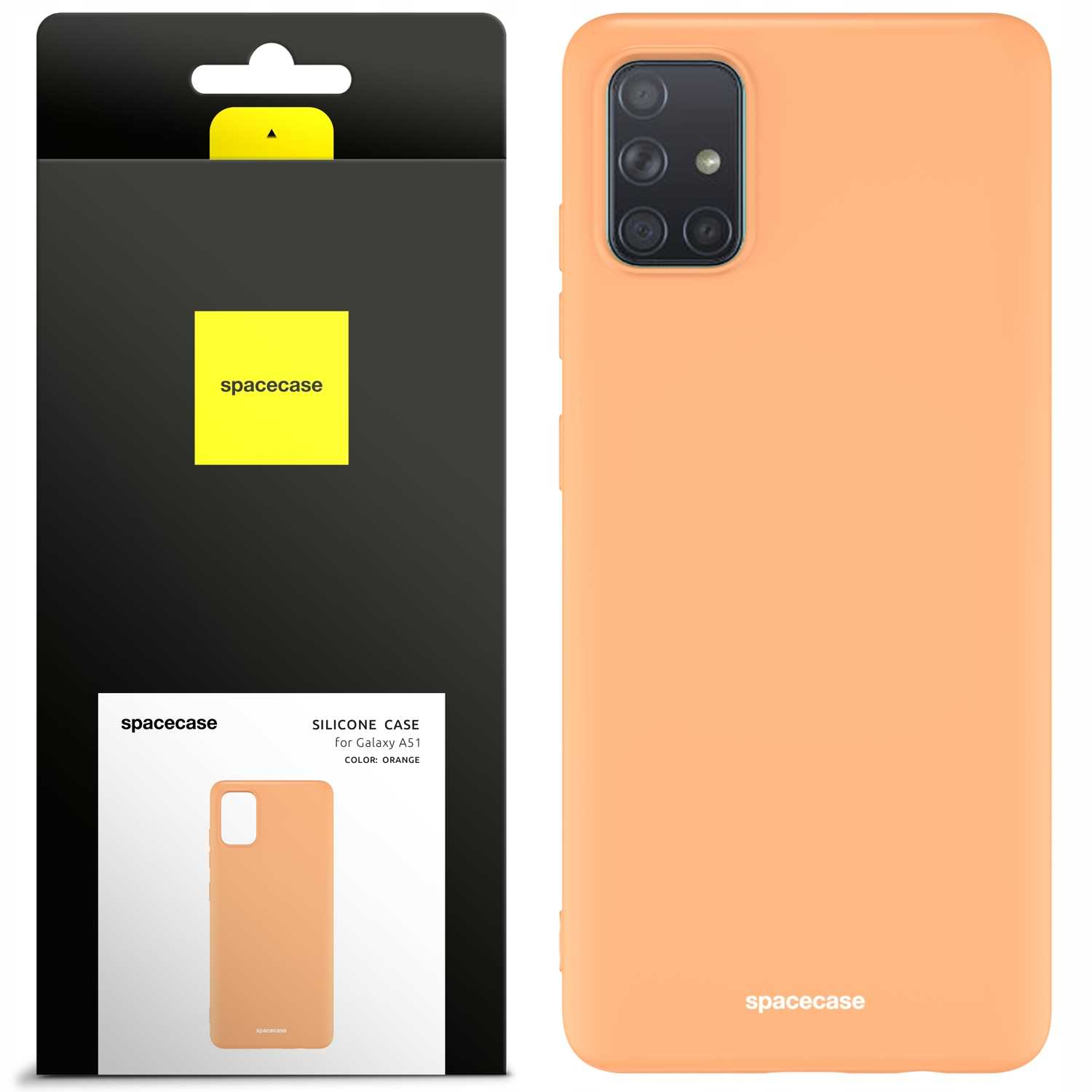 Pomarańczowe etui na telefon i pudełko. Pudełko ma żółtą etykietę, a etui napis spacecase.