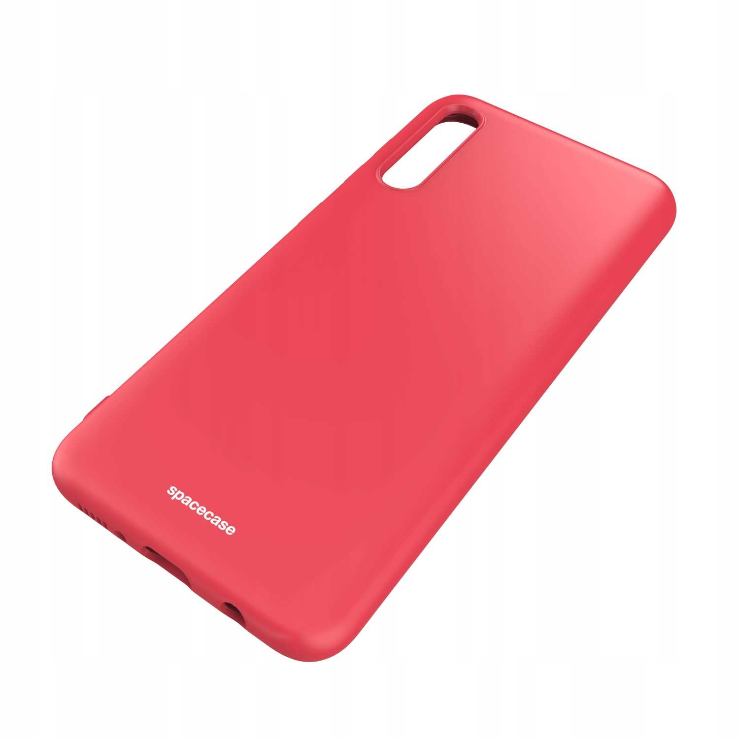 Czerwone etui na telefon na białym tle. Etui ma napis spacecase na dole.