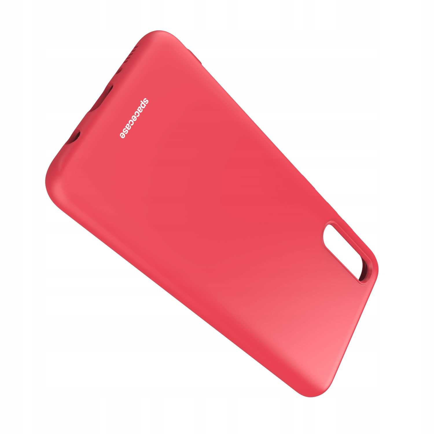 Czerwone etui na telefon pod kątem na białym tle. Nazwa spacecase znajduje się na górze.