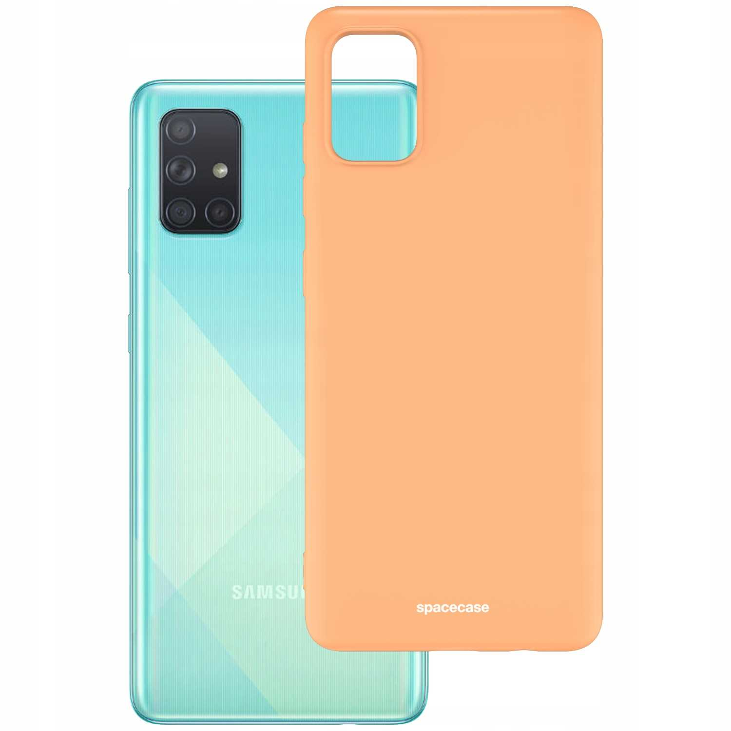 Pomarańczowe etui na telefon i niebieski telefon. Na etui znajduje się napis spacecase.