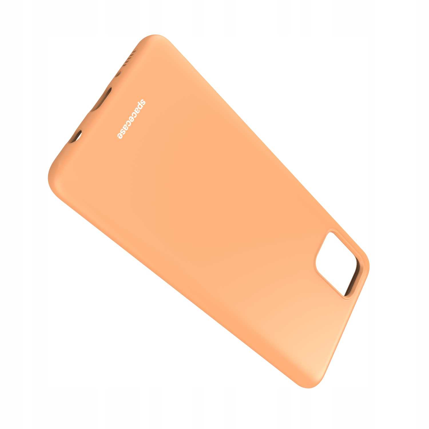 Pomarańczowe etui z wycięciem na aparat, widok z góry, z marką 'spacecase'.
