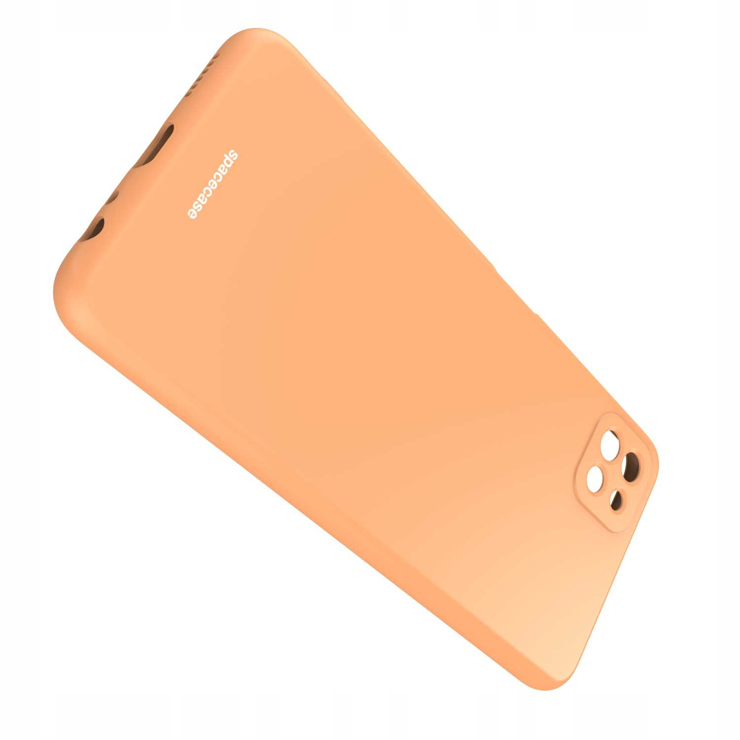 Pomarańczowe etui z wycięciem na aparat i marką 'spacecase', ustawione pod kątem na białym tle.