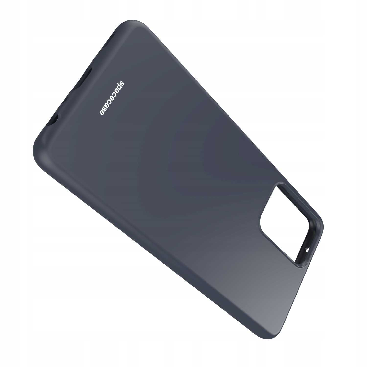 Czarne etui na telefon z napisem 'spacecase'. Ma wycięcie na aparat.