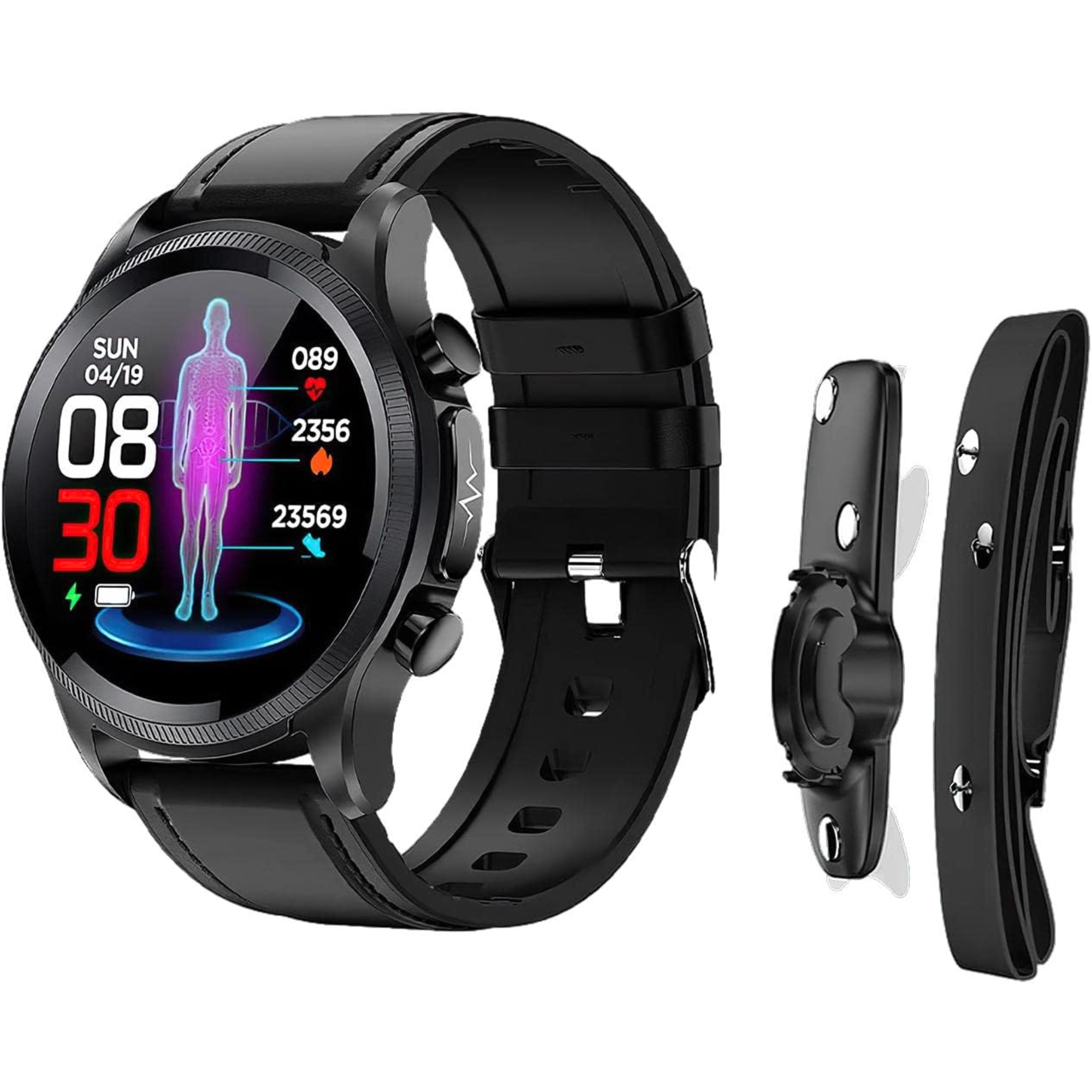 Czarny smartwatch ze wskaźnikami zdrowotnymi. Ma czarny pasek. Stacja ładująca obok.