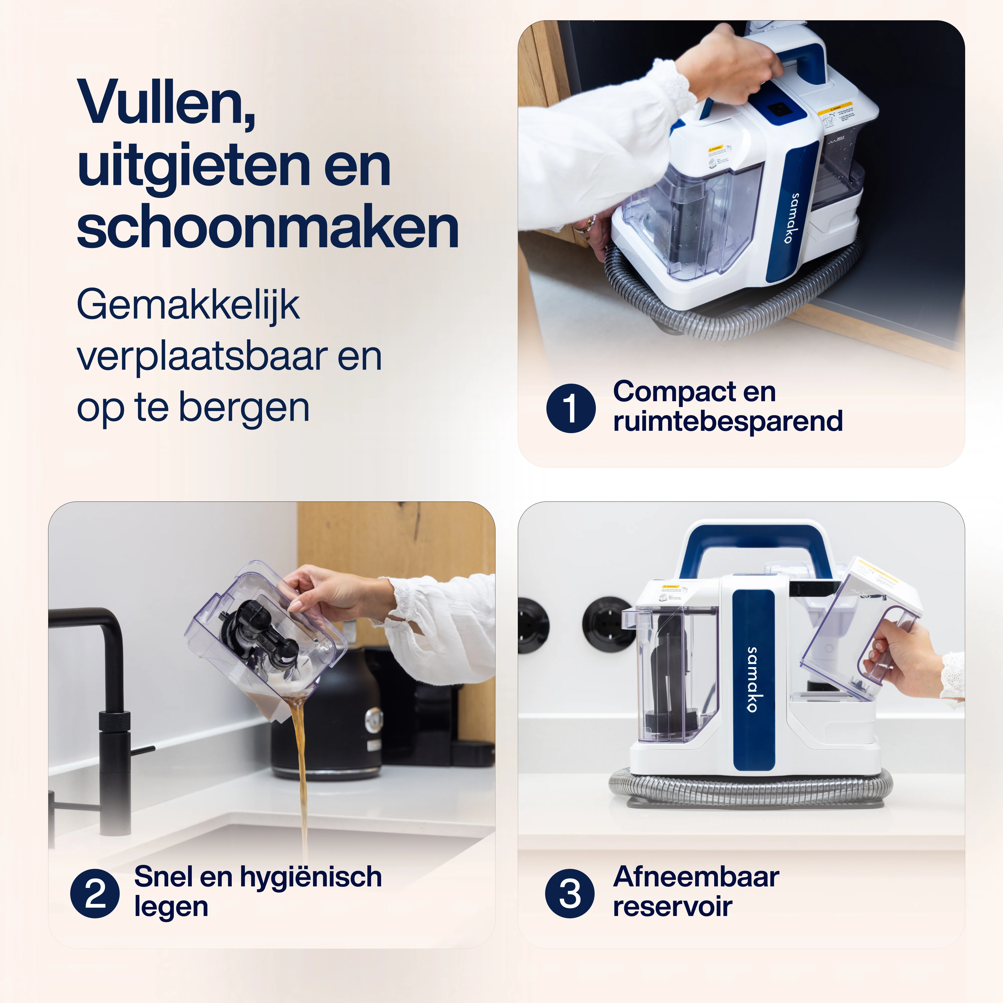 A series of images showing the use of a cleaning device. Includes filling and emptying.
