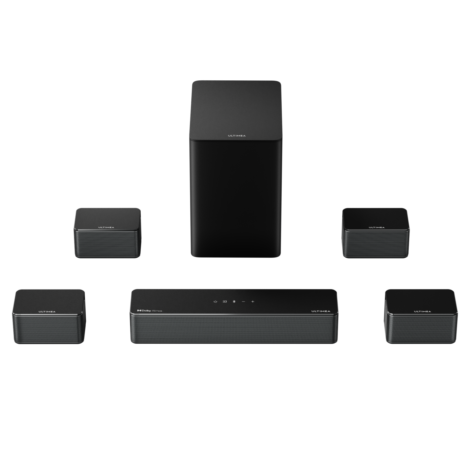 Czarny soundbar i subwoofer z pięcioma głośnikami satelitarnymi. Ustawienie jest na białym tle.