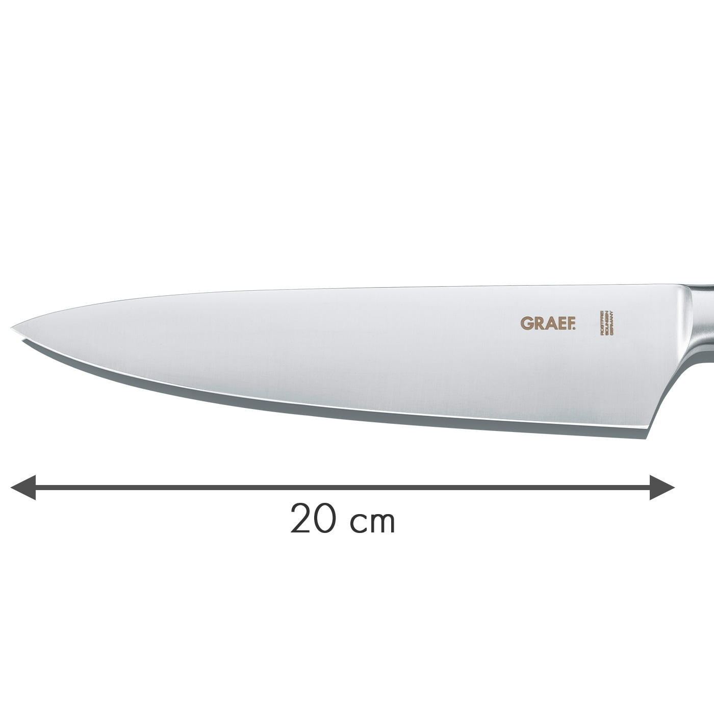 Eine Kochmesser-Klinge mit silbernem Finish und Holzgriff. Die Klinge hat eine 20 cm Markierung.