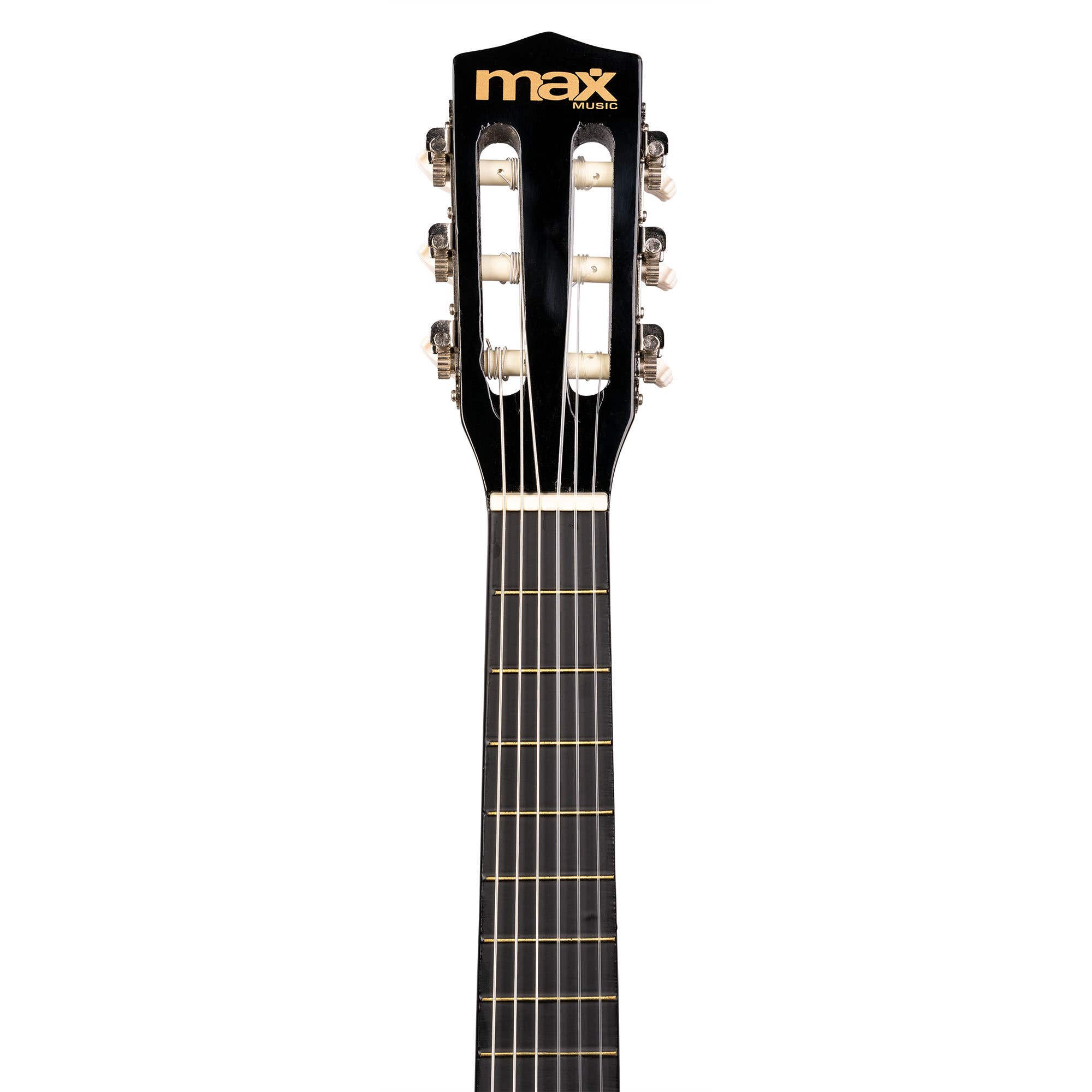 Kop van een zwarte gitaar met het Max Music-logo. Snaren zijn zichtbaar.