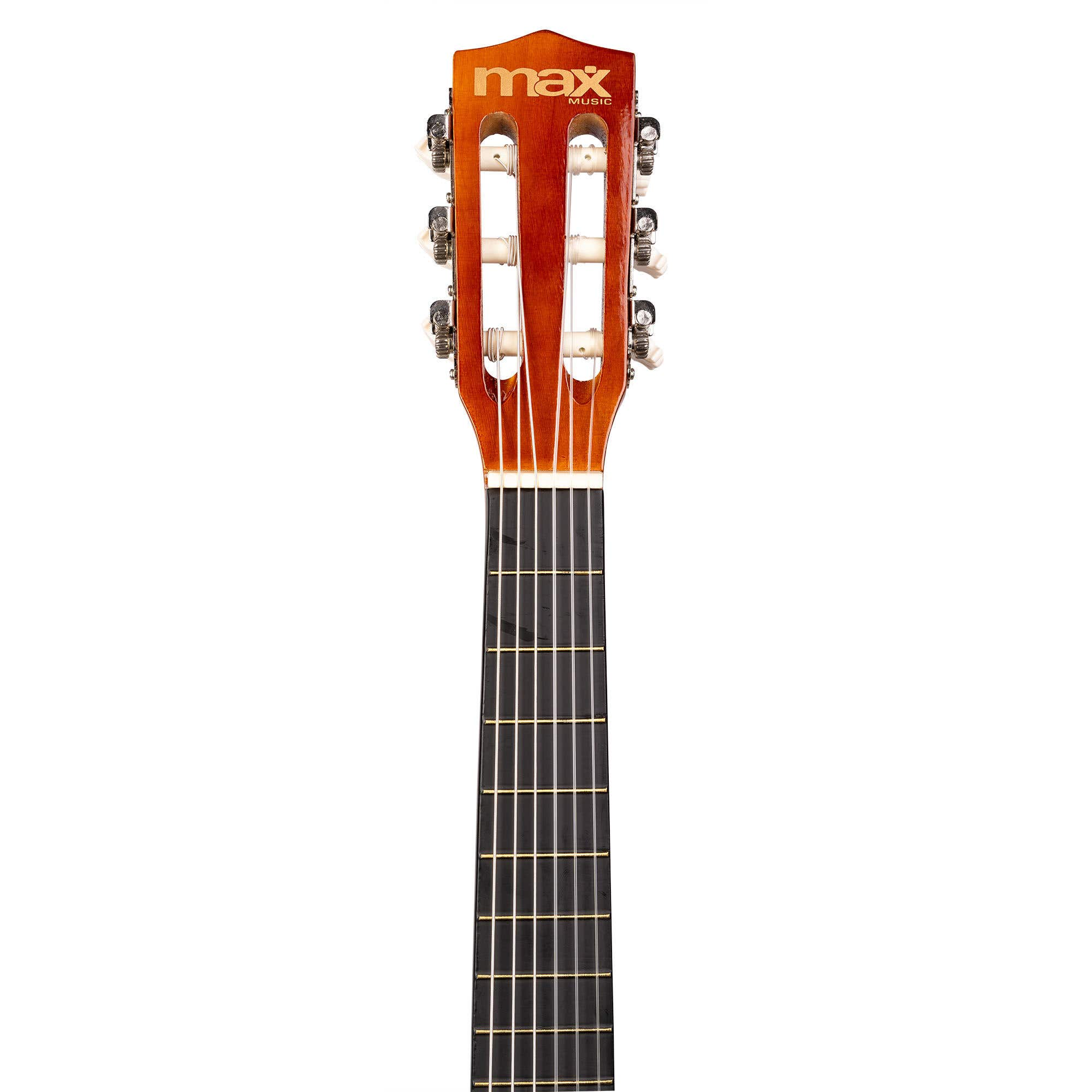 Close-up van de kop van een gitaar, bruin. Het woord 'MAX' is zichtbaar. Zes stemknoppen aan elke kant.