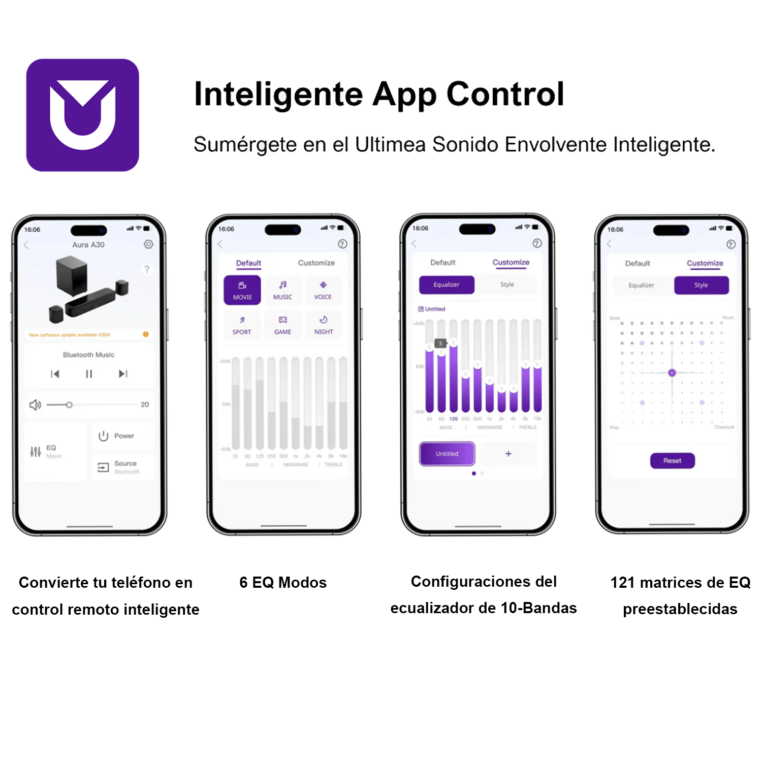 Cuatro pantallas de teléfono que muestran controles de la aplicación. La app se usa para controlar un sistema de sonido. Texto en español.