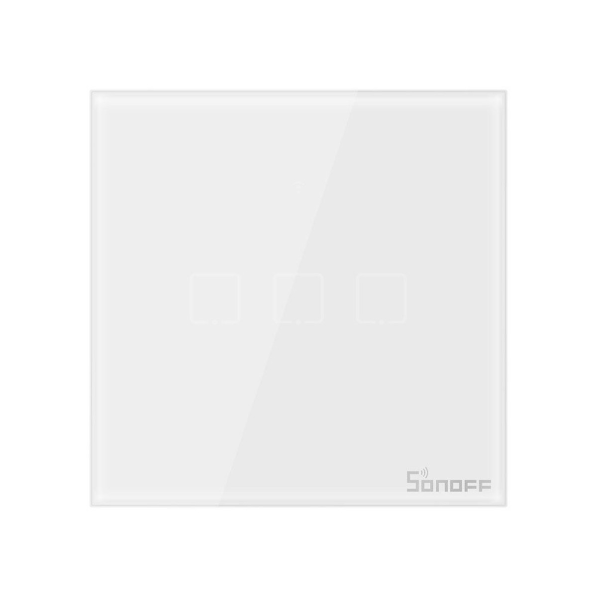 Un interruttore smart home bianco con tre pulsanti touch e il logo 'SONOFF'.
