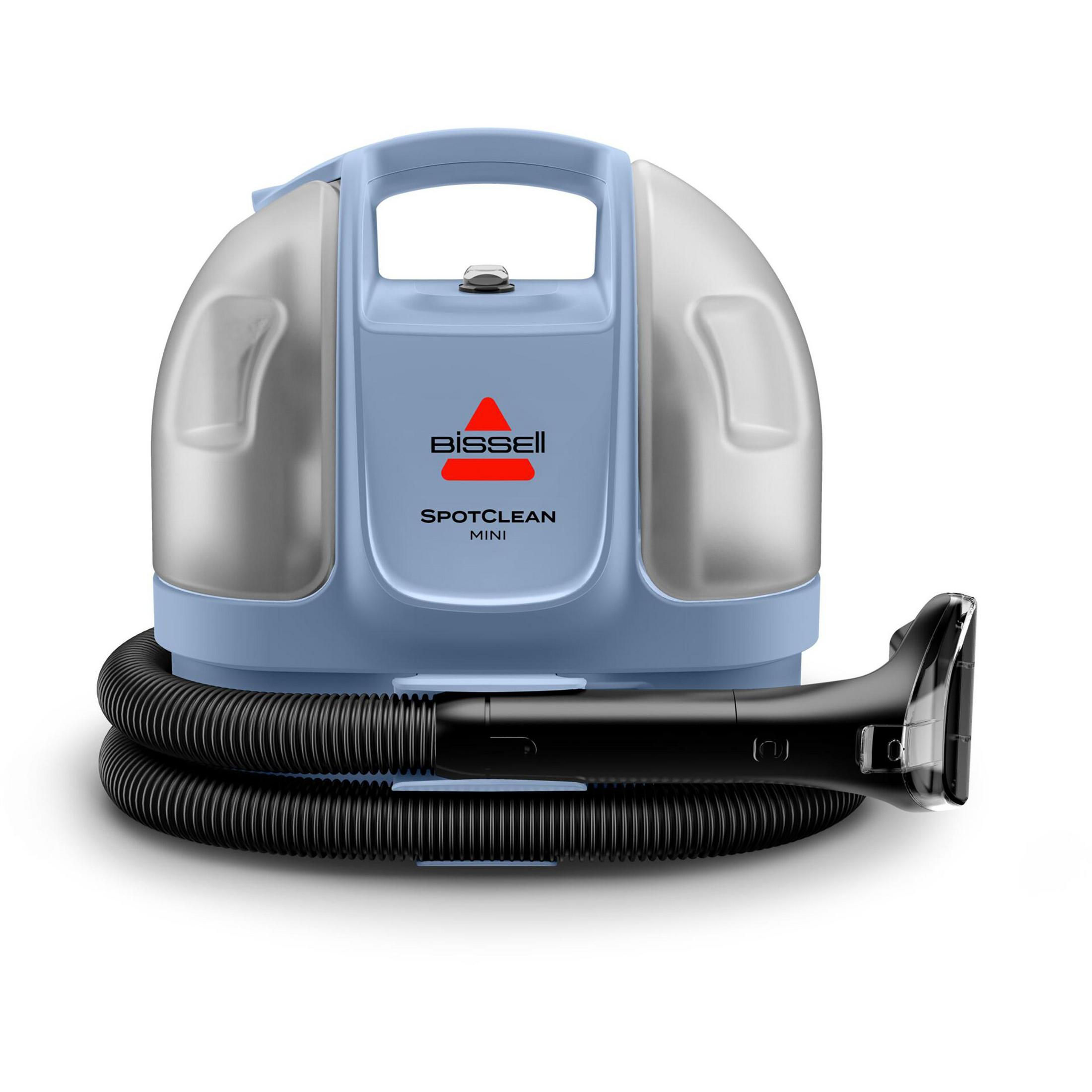 Ein hellblauer Bissell SpotClean Mini mit einem schwarzen Schlauch auf weißem Hintergrund.
