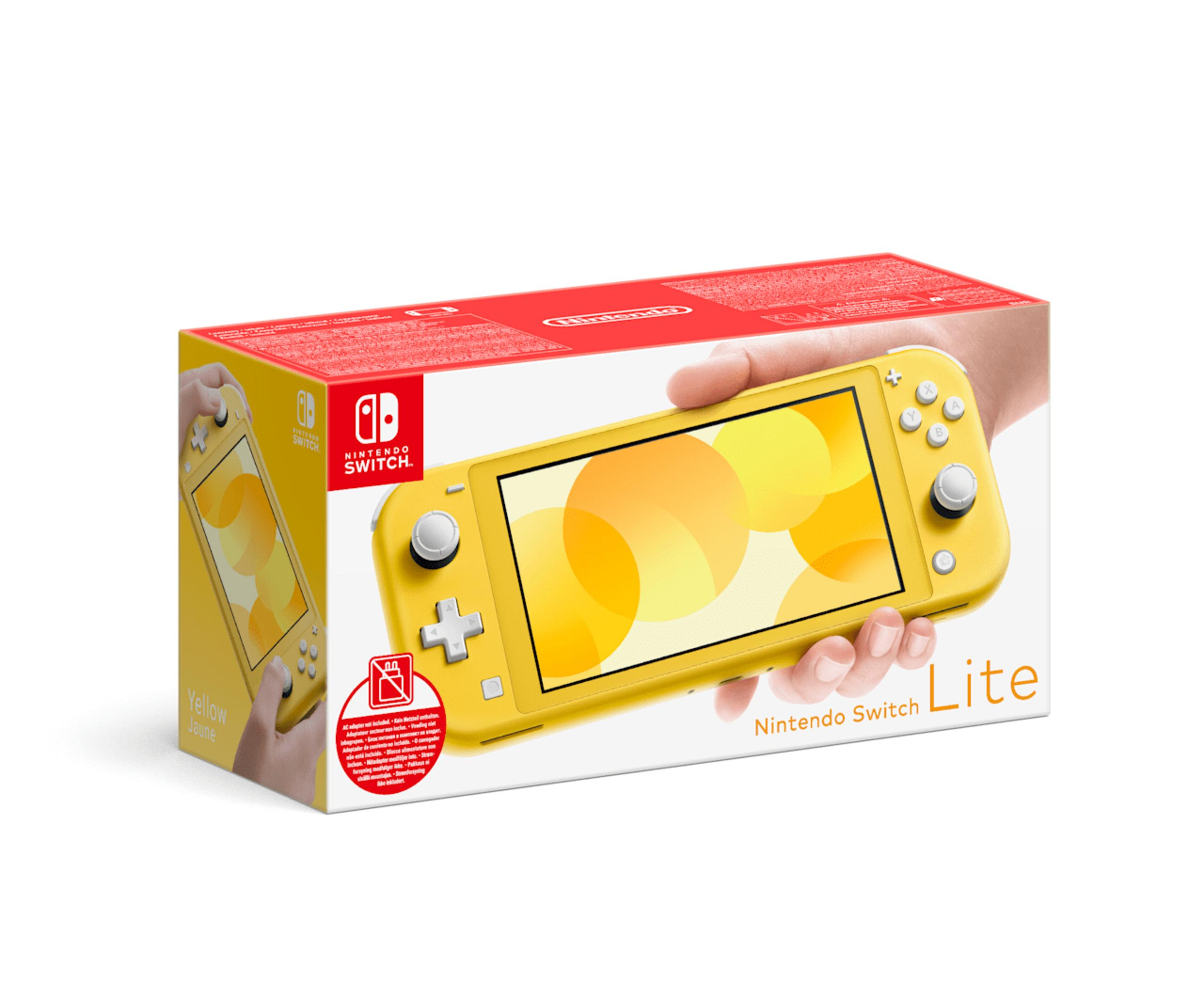 Een gele Nintendo Switch Lite in de verpakking. De doos is voornamelijk wit met rode accenten.