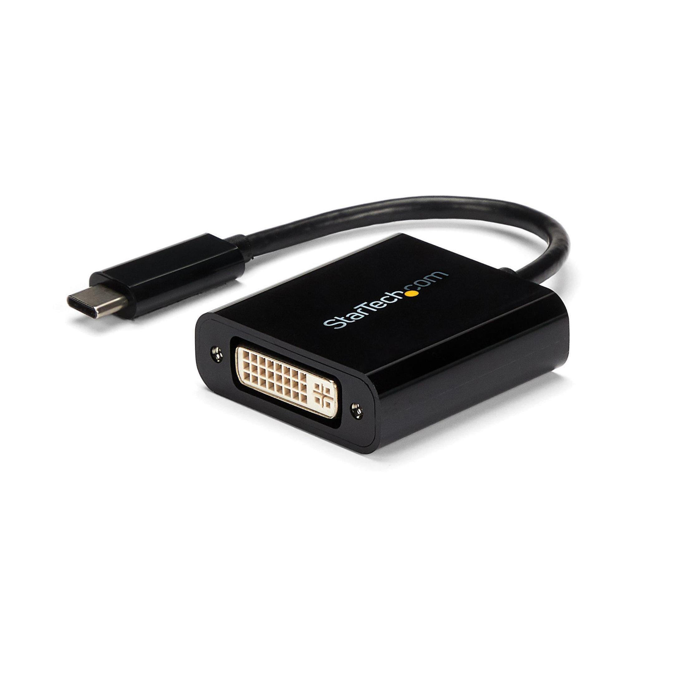 Schwarzer StarTech Adapter mit einem USB-C-Anschluss und einem DVI-Anschluss, isoliert auf Weiß.