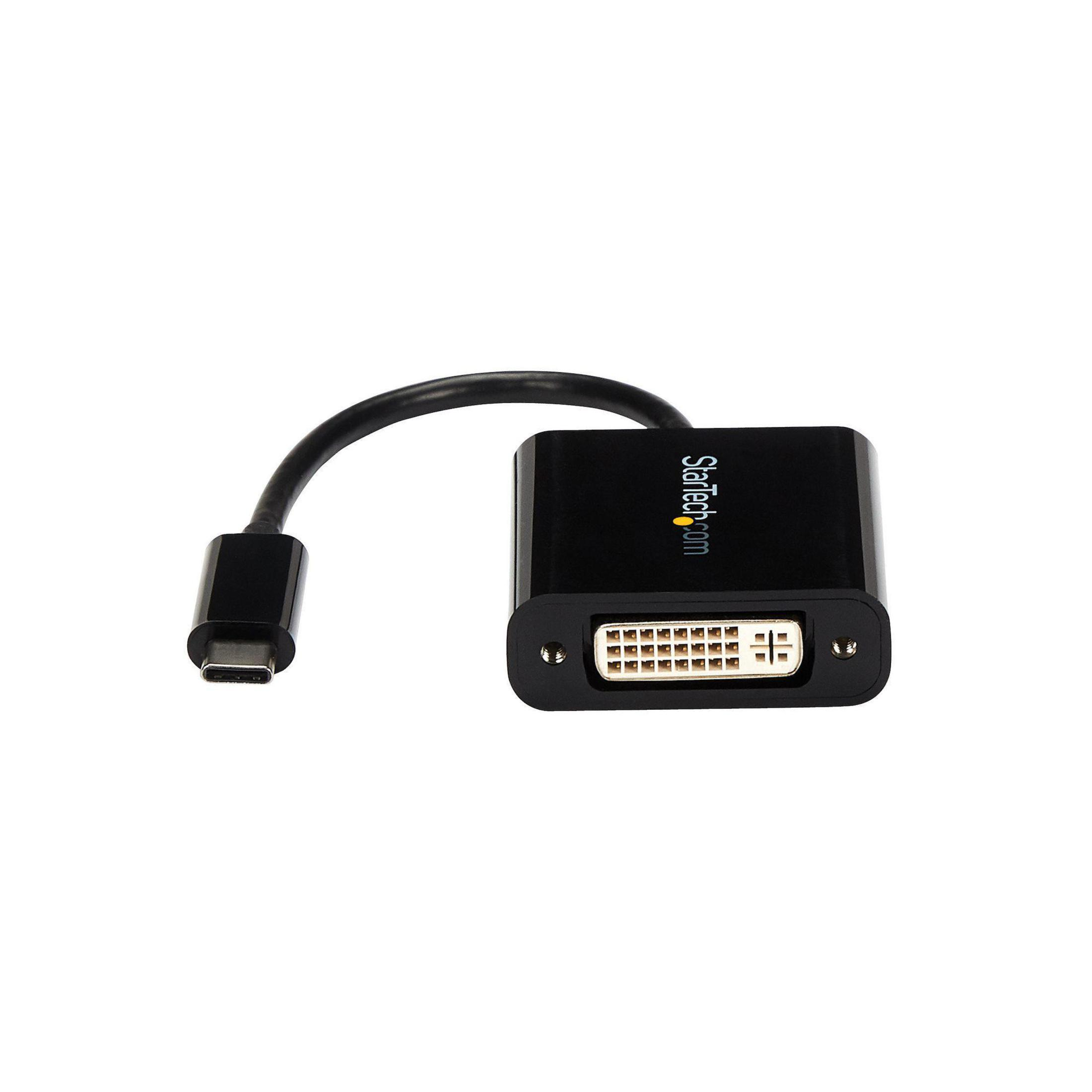 Schwarzer StarTech USB-C-zu-DVI-Adapter, isoliert auf einem weißen Hintergrund. Anschluss und Port sichtbar.