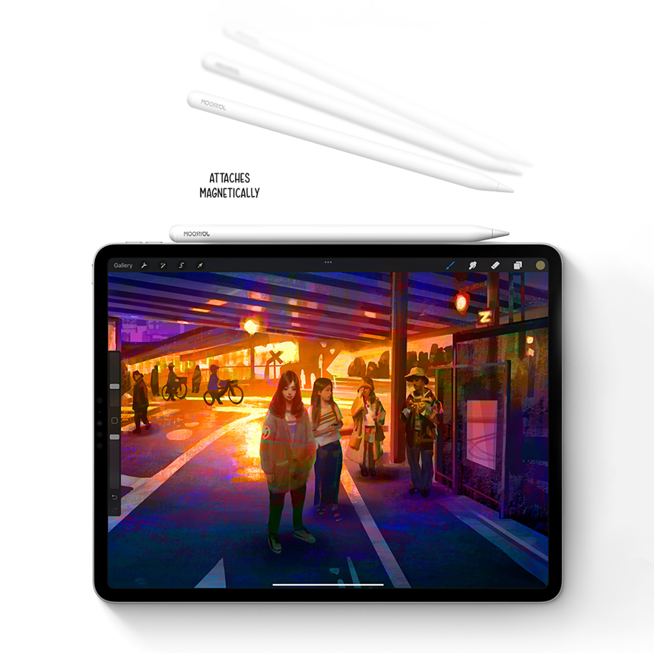 Ein Tablet zeigt eine Zeichnung von Personen in einer Stadtszene mit zwei Stiften.