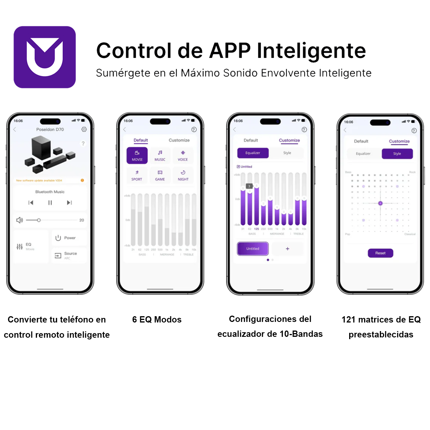 Cuatro pantallas de teléfonos inteligentes que muestran la interfaz de la aplicación "Control de APP Inteligente" en diferentes modos de configuración de ecualización.