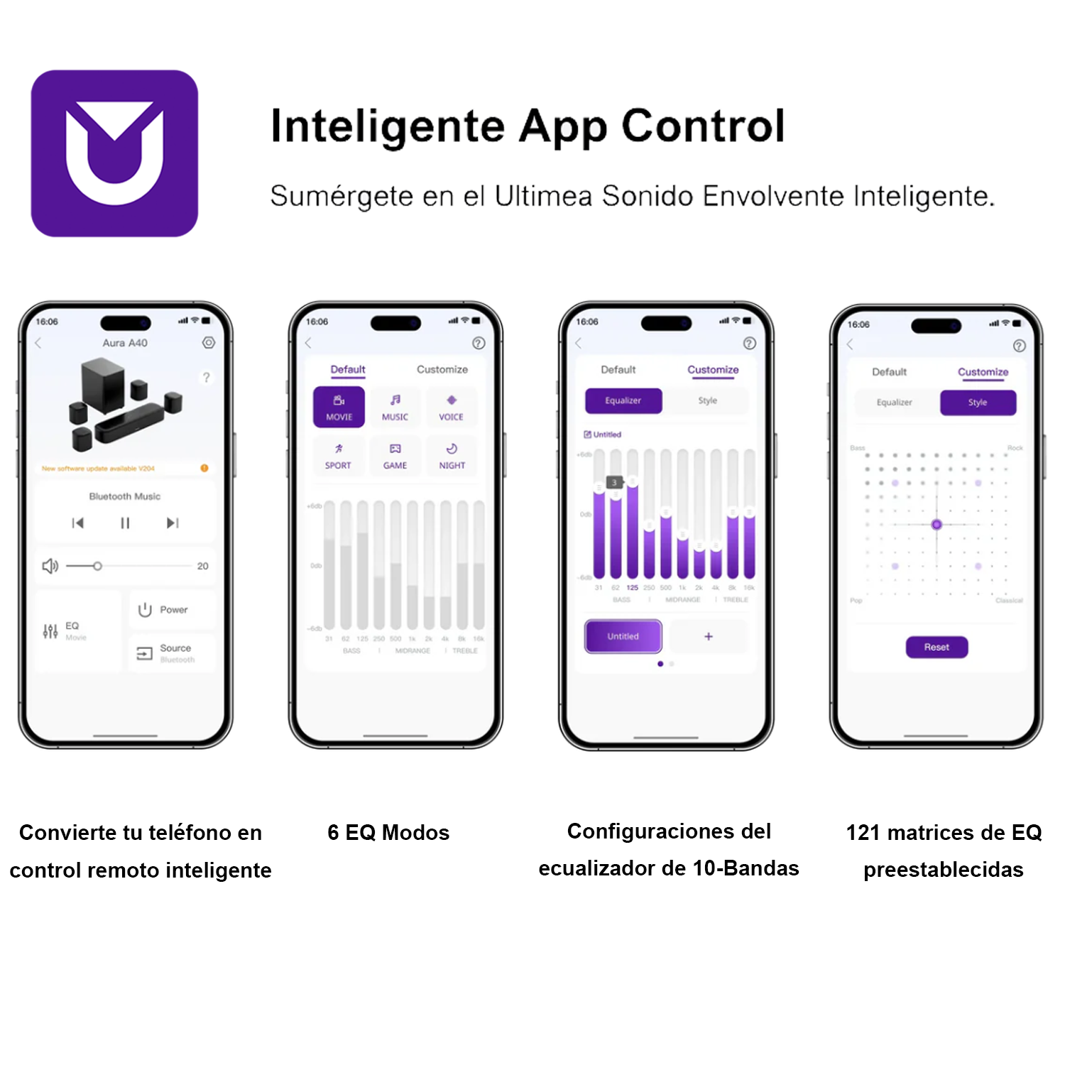 Zrzuty ekranu interfejsu aplikacji mobilnej. Pokazuje różne opcje ustawień dźwięku.