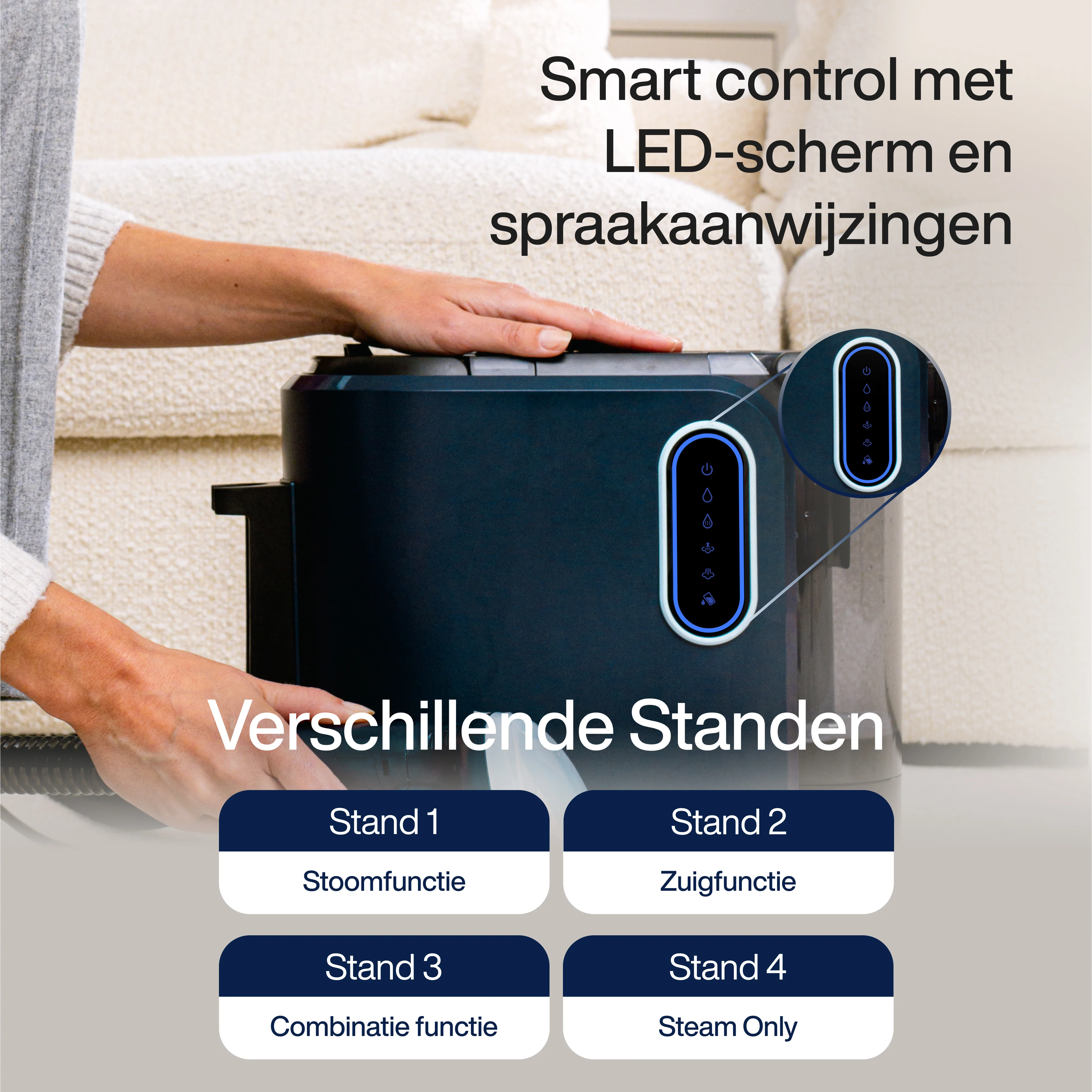 A person's hands interacting with a blue and black machine. Text in Dutch is present.