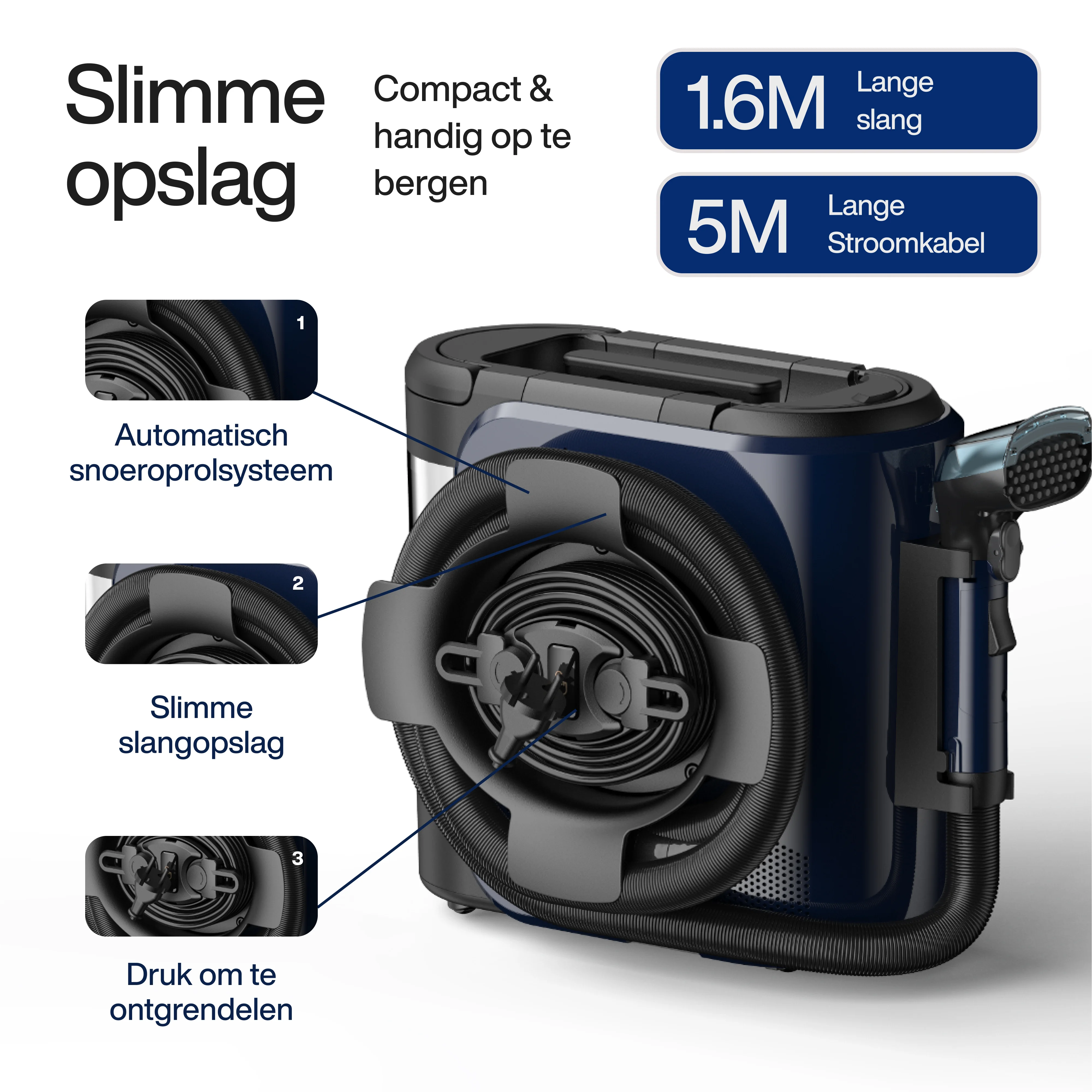 An exploded view diagram of a blue and black machine with text in Dutch. The background is white.