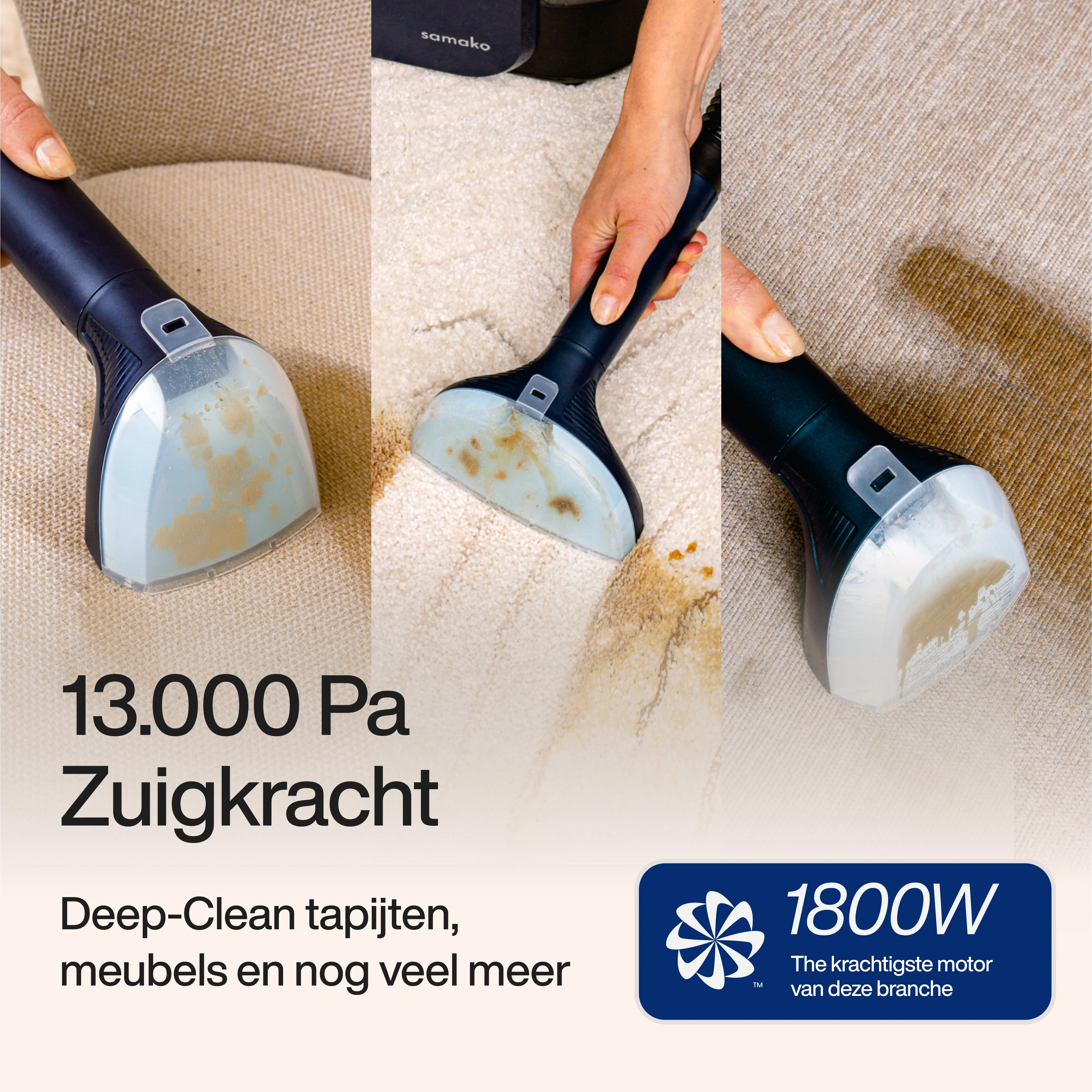 Three images of a cleaning head on a carpet. Text in Dutch is present. The background is white.