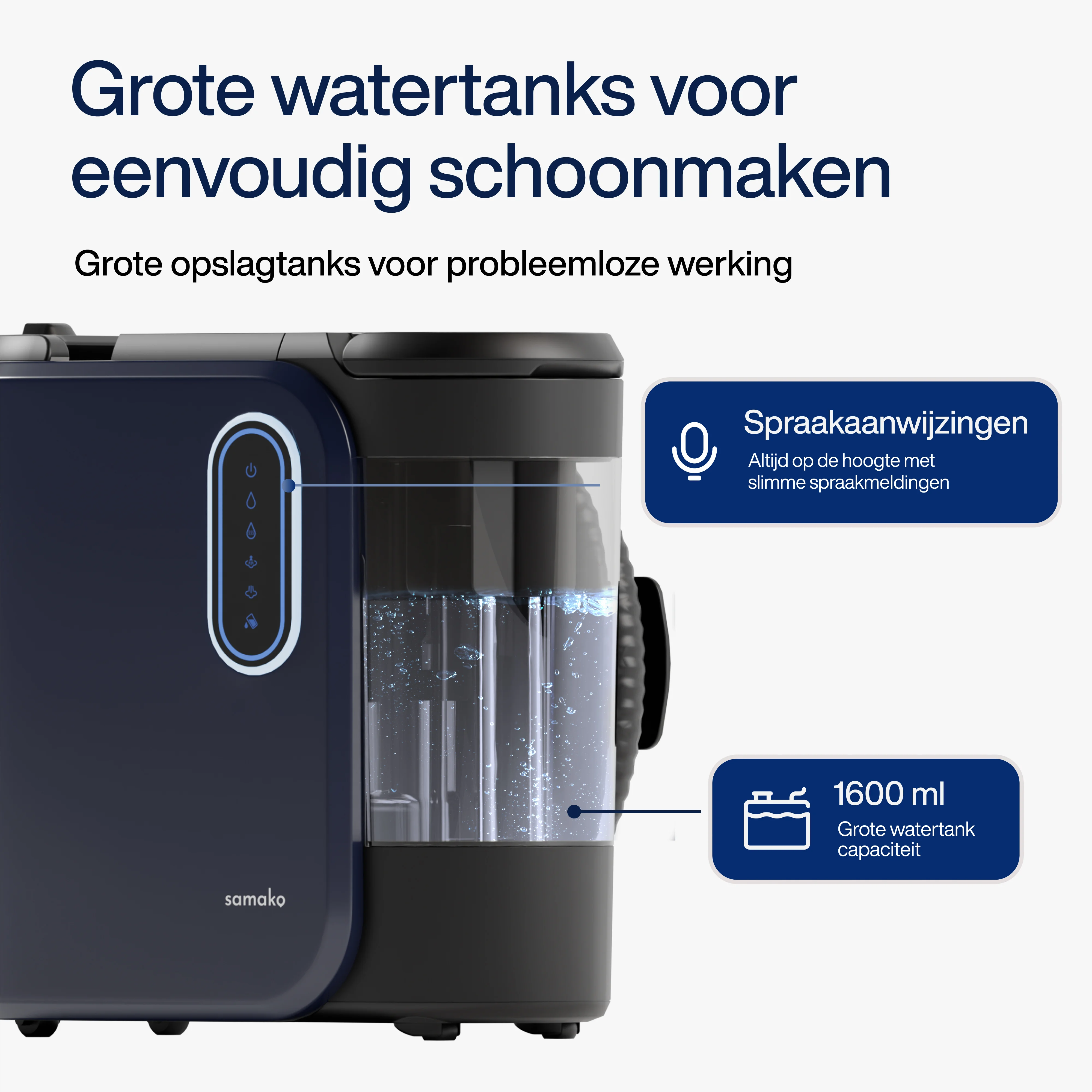 A blue and black machine with a clear water tank. Text in Dutch. The background is white.