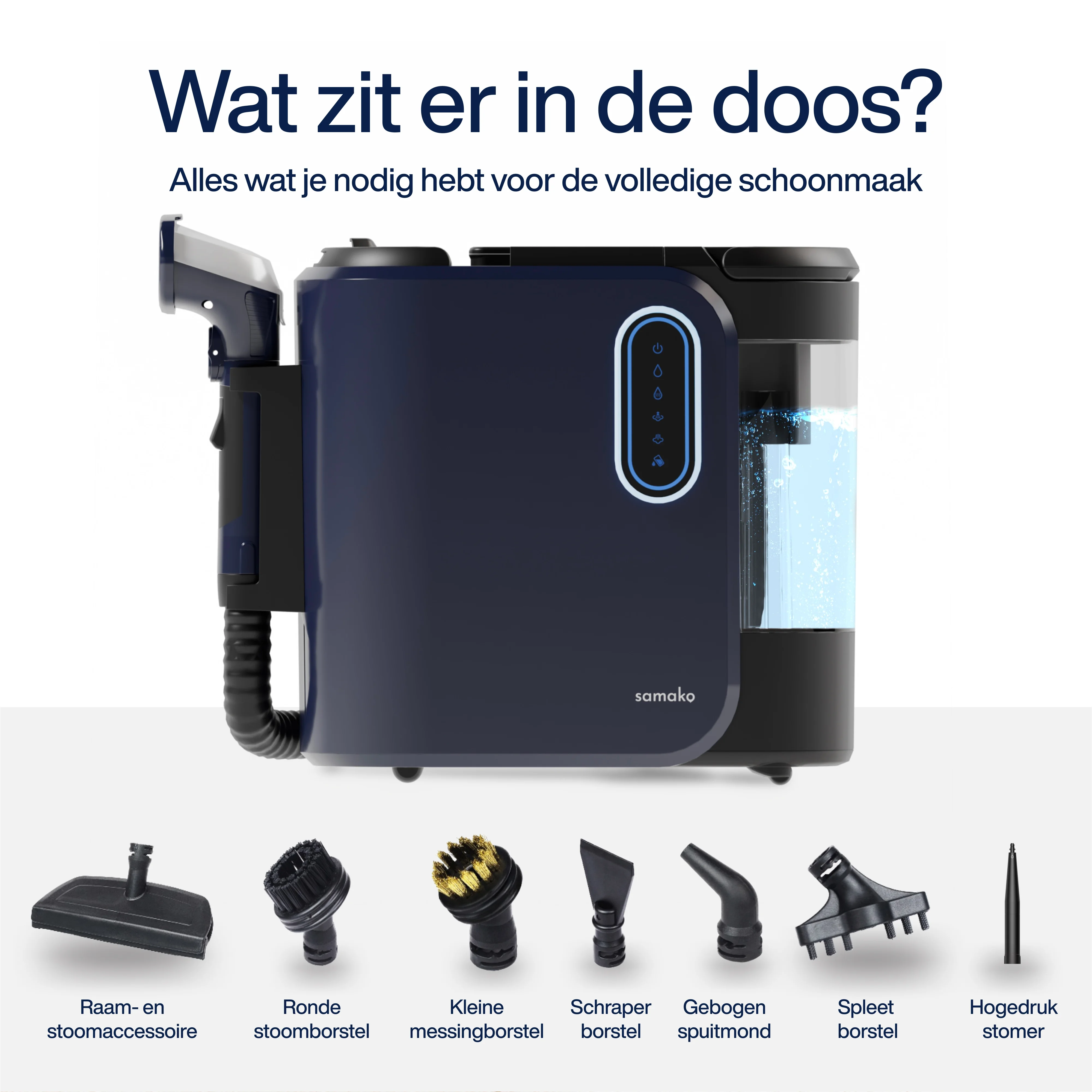 A blue and black machine with various attachments. Text in Dutch. The background is white.