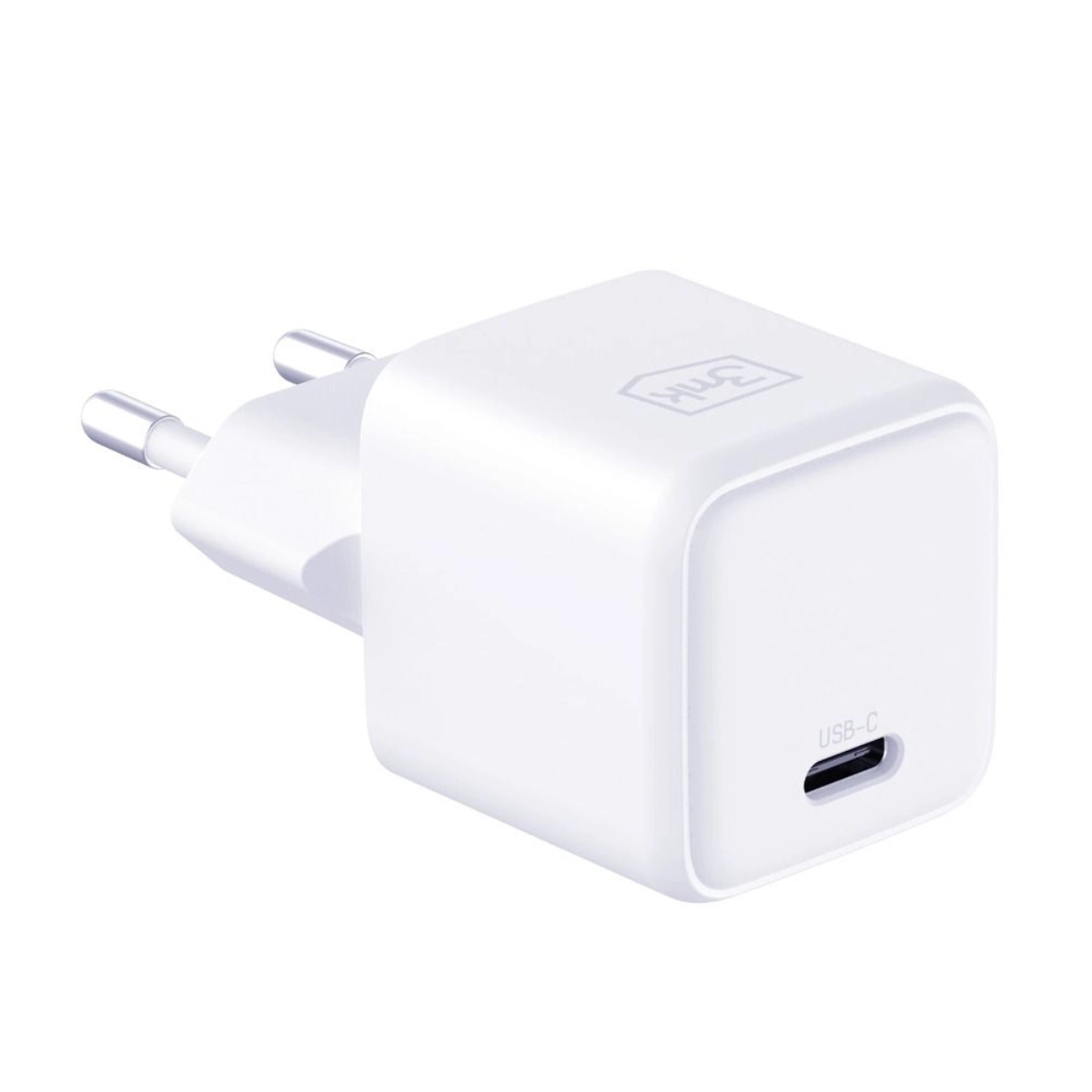 Obraz przedstawia białą ładowarkę USB-C z dwoma bolcami, z logo 3mk, na białym tle.
