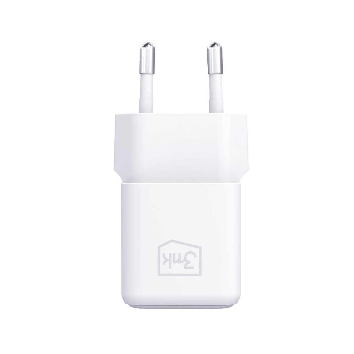 Obraz przedstawia białą ładowarkę USB-C z dwoma bolcami, z logo 3mk, na białym tle.
