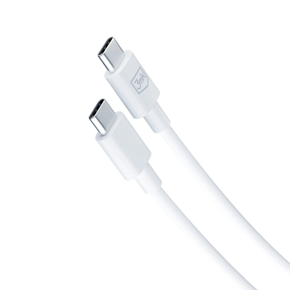 Obraz przedstawia dwa białe kable USB-C z logo 3mk, na białym tle.