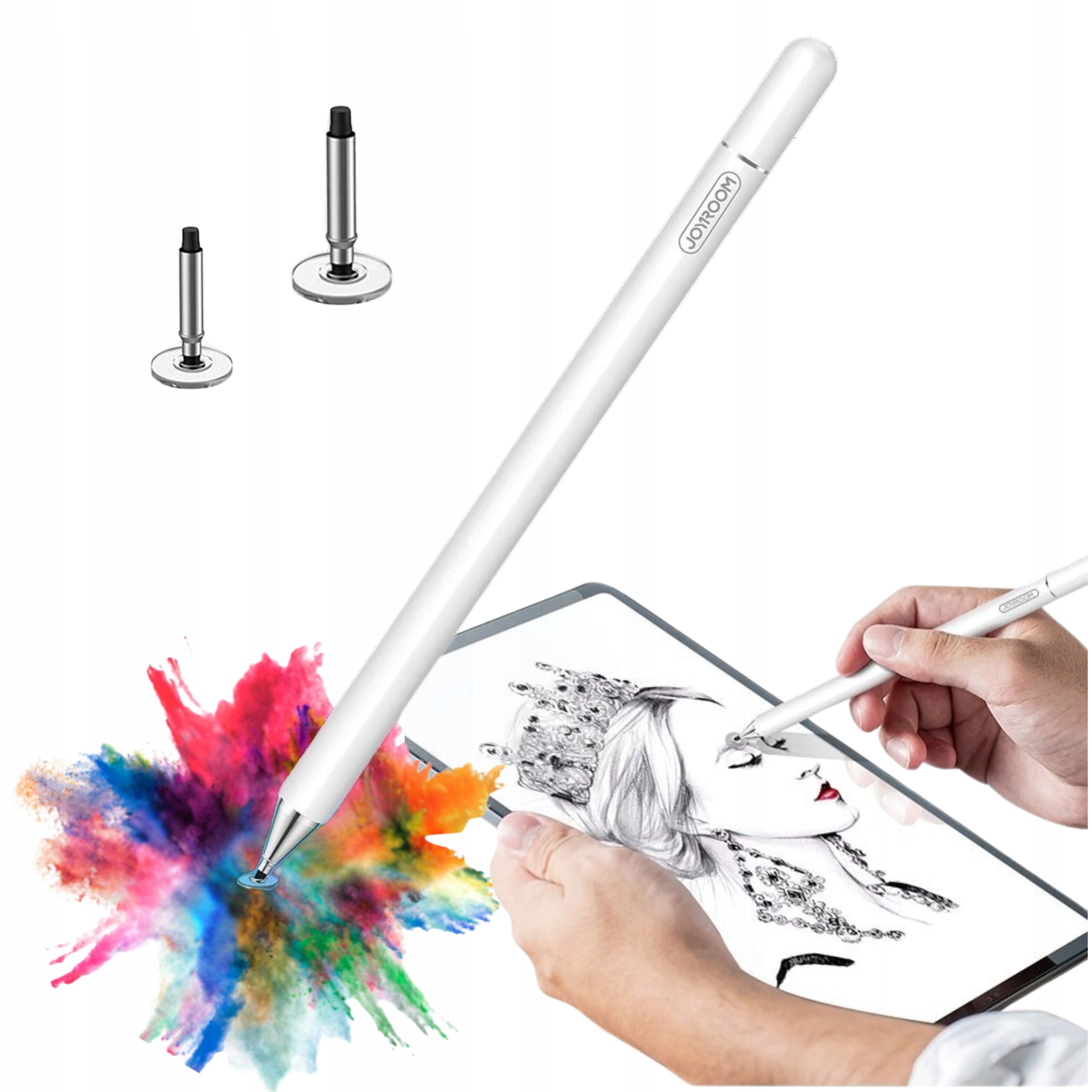 Biały rysik z dwiema zapasowymi końcówkami, rysujący na tablecie z kolorowym rozpryskiem.