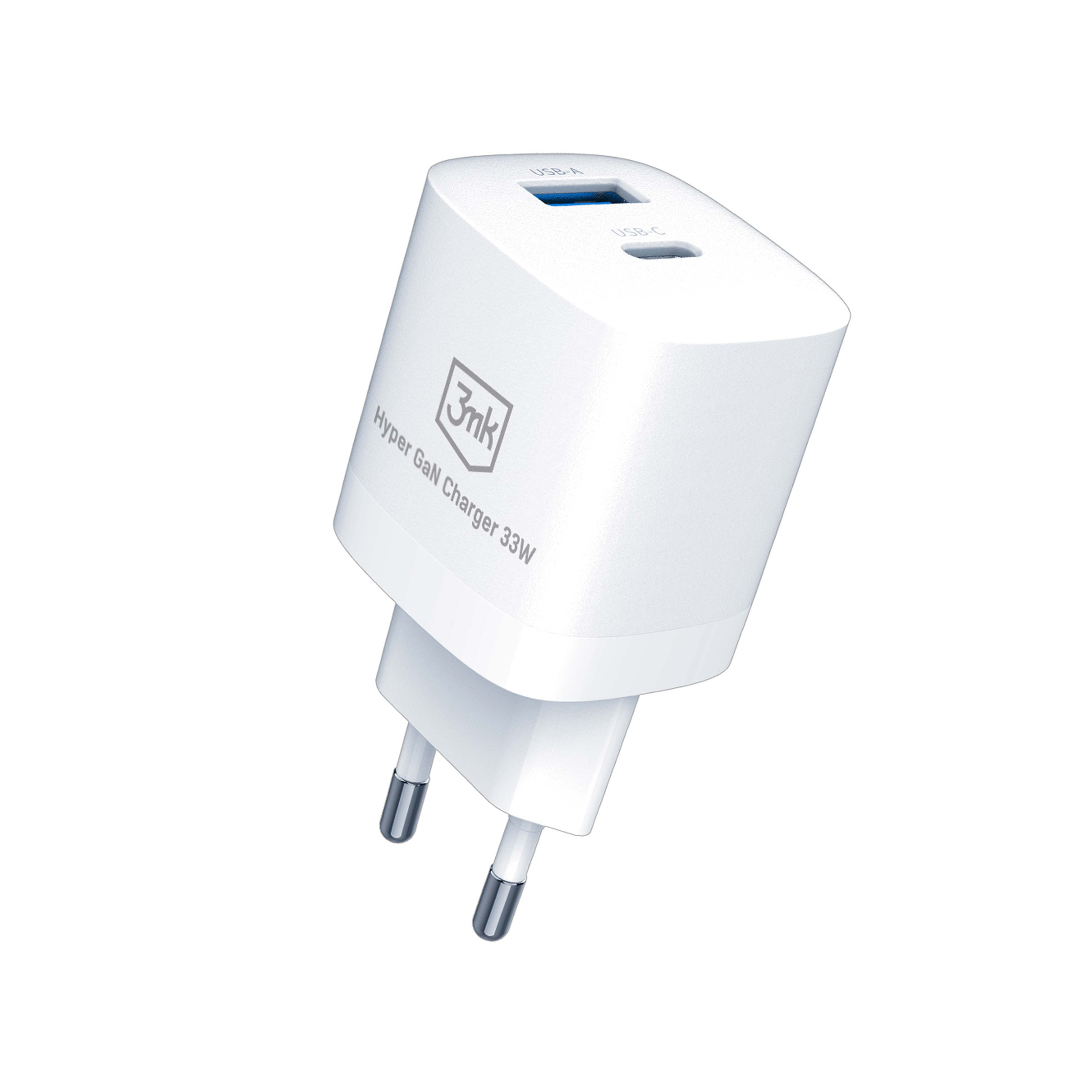 Ładowarka 3mk Hyper GaN 33W z portami USB-A i USB-C, na białym tle.