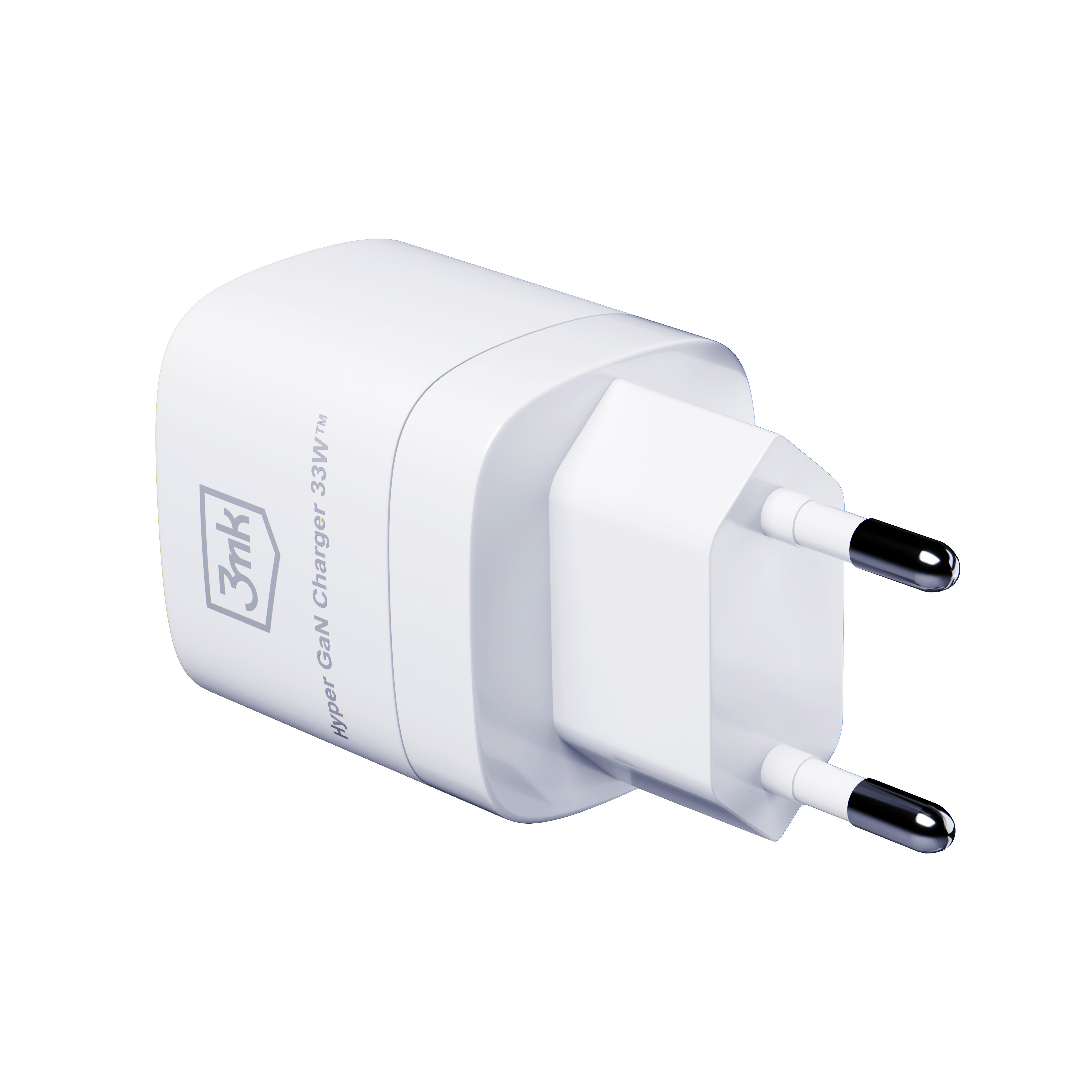 Biała ładowarka 33 W z dwuwtykową wtyczką jest odizolowana na białym tle.